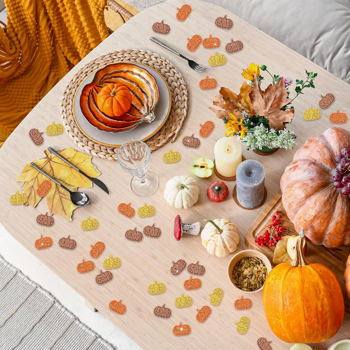 MARFOREVER Fall Felt Pumpkin Glitter Confetti, 500Pcs Thanksgiving Pumpkins Confetti Decorations