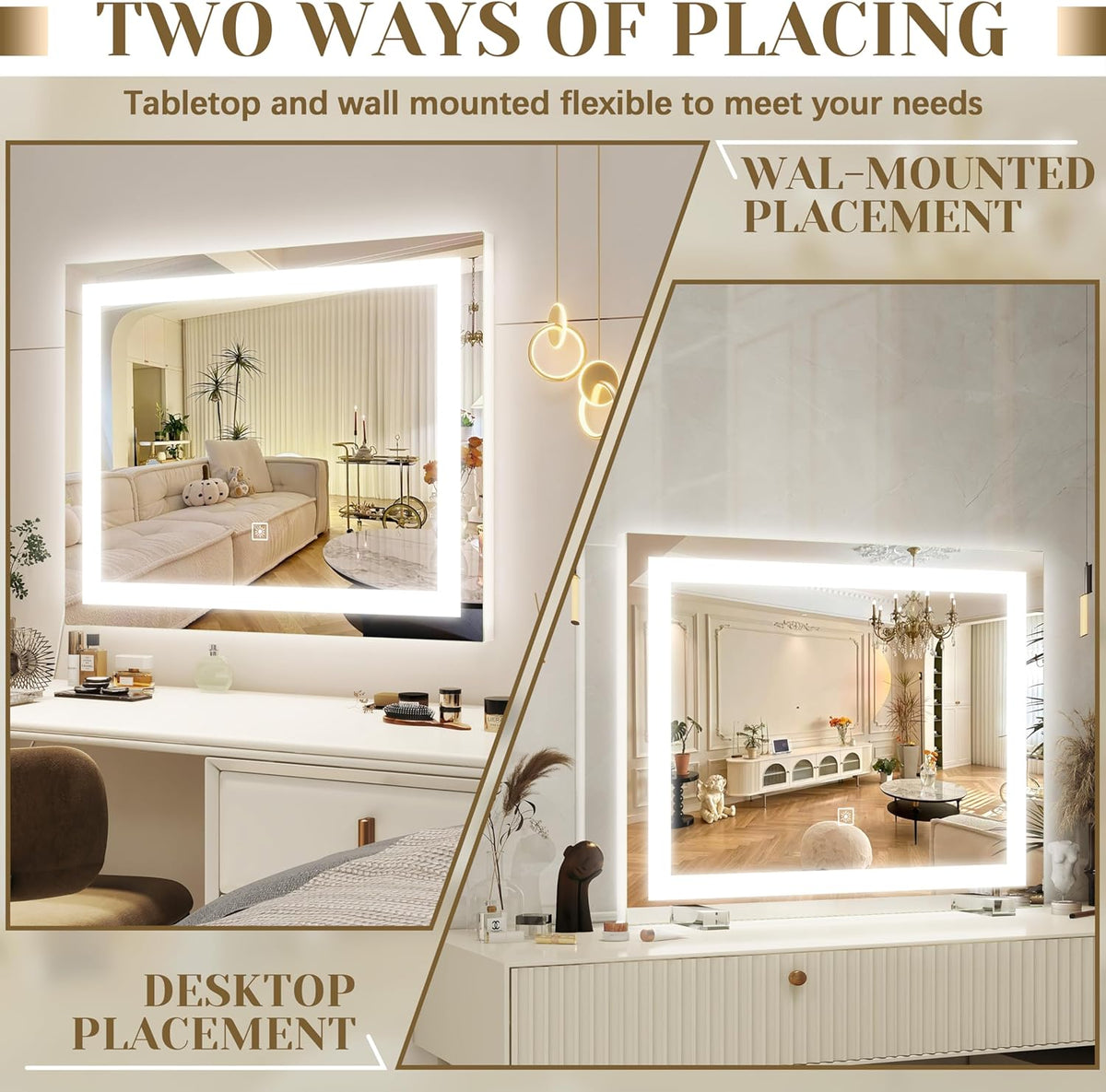 22x20 Inch Lighted Vanity Mirror, 3-Mode Touch Dimming LED Lighting, Large Makeup Mirror for