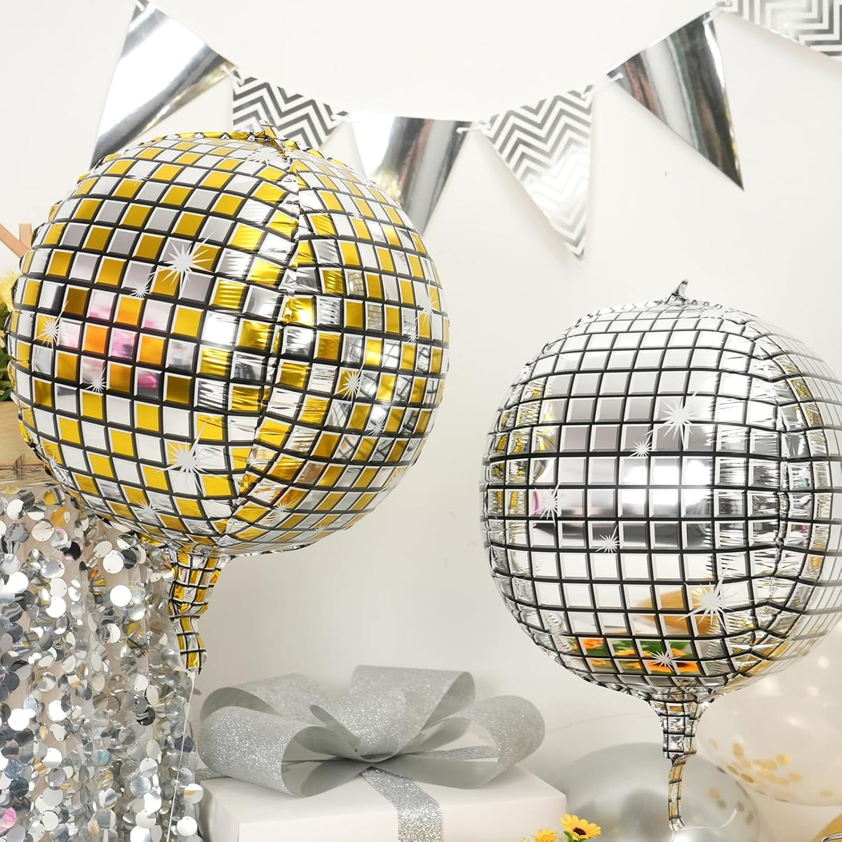 Disco Ball Balloons Gold Silve 4PC,Foil Disco Balloons 22 Inch 4D Round Metallic Gold Silver