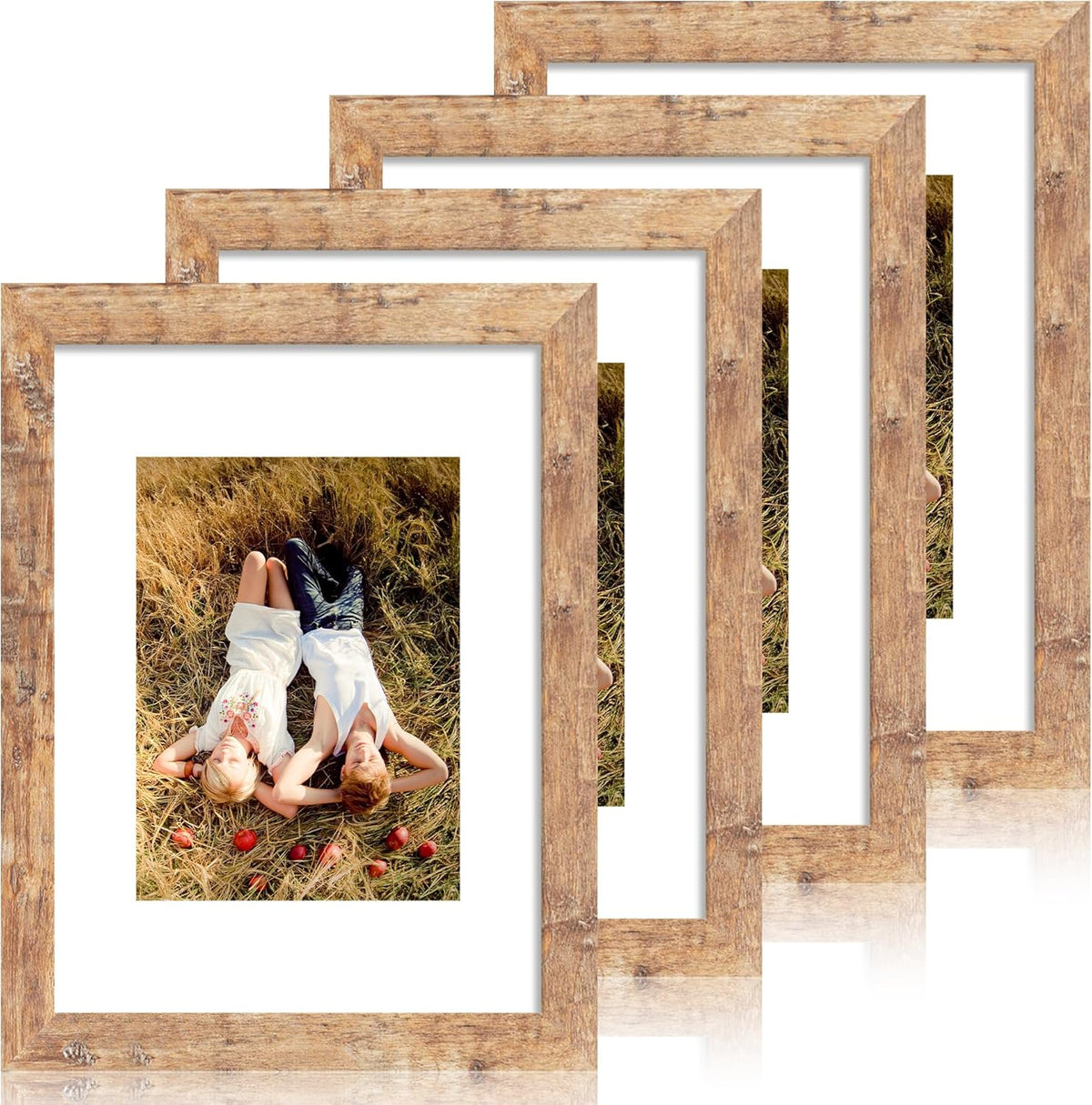 9x12 Picture Frame Set of 4 with Tempered Glass, Rustic Brown Frame Display 6x8 Pictures with Mat