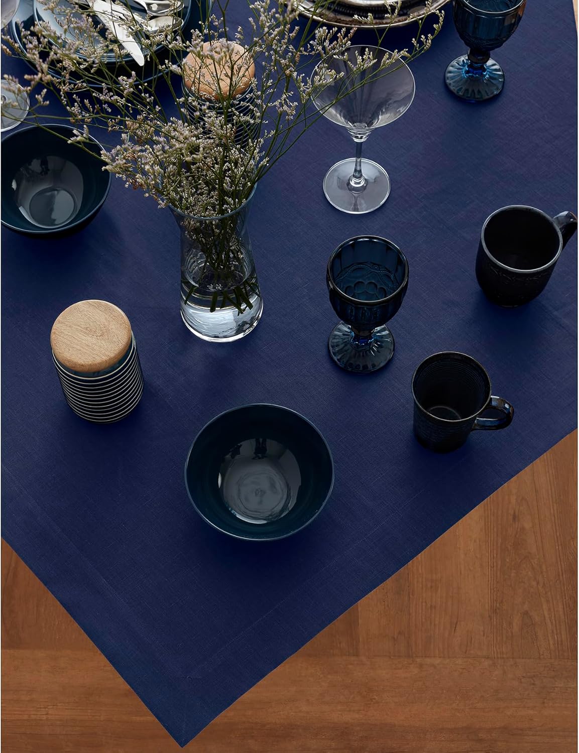 Solino Home Navy Blue Linen Tablecloth 52 x 52 Inch - 100% Pure Linen Square Table Throw - Fete