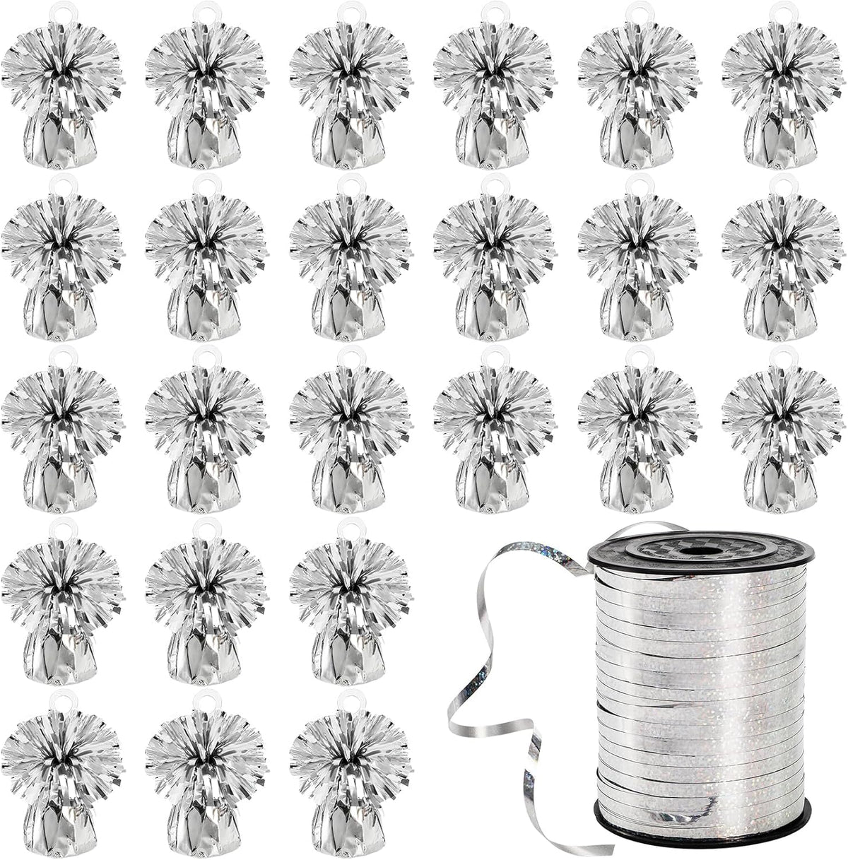 Frcctre 24 Pack Balloon Weights Metallic Silver Anchors Balloon Holder Foil Weights with 1 Roll
