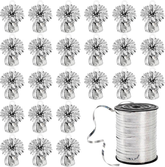 Frcctre 24 Pack Balloon Weights Metallic Silver Anchors Balloon Holder Foil Weights with 1 Roll