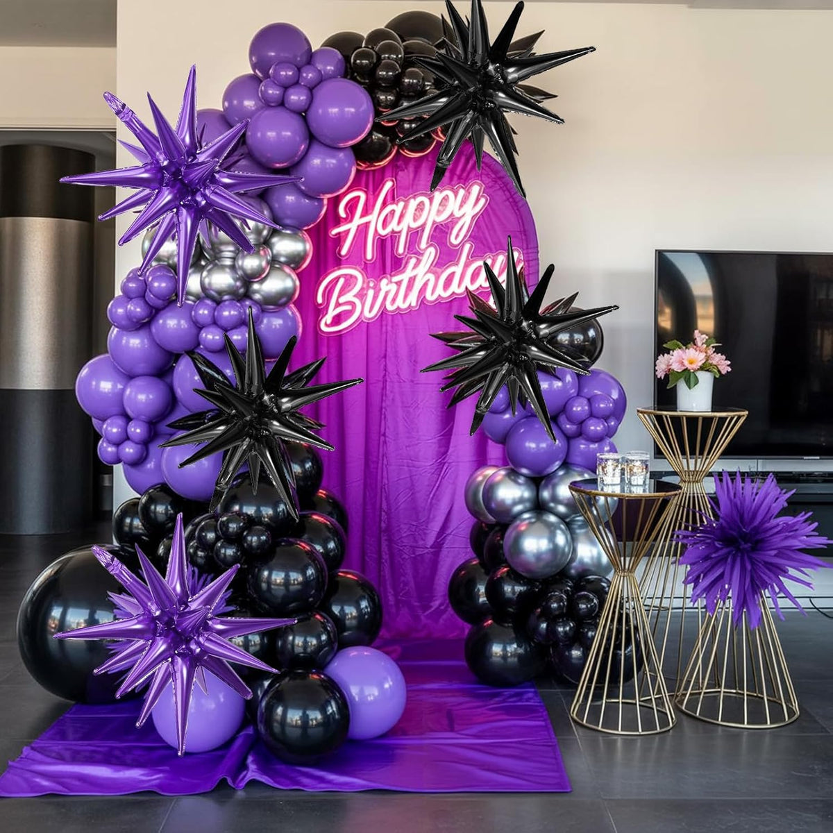 Black Purple Star Balloons,9Pcs 22Inch Black Purple Explosion Spike Cone Helium Polyester Film Star