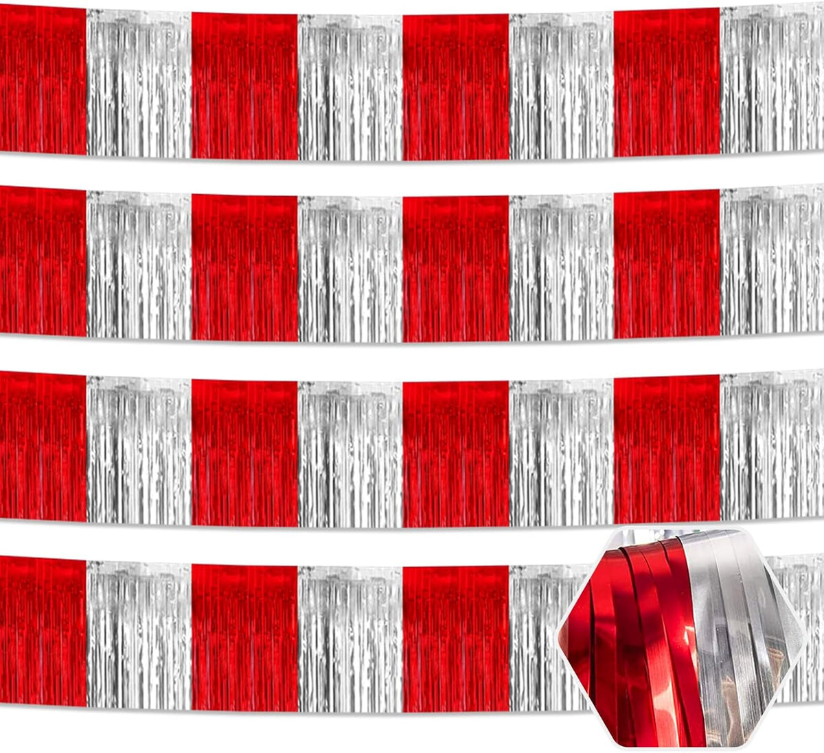 4 Pack 10 Feet Red Silver Foil Fringe Garland Metallic Tinsel Streamers Banner Wall Hanging Curtain
