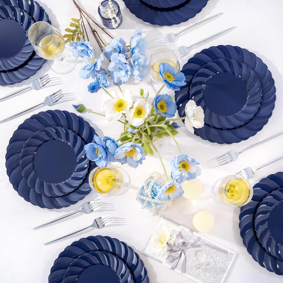 U-QE 60 Pcs Blue Plastic Plates for Party – Scalloped Blue Plates Disposable Heavy Duty – Include