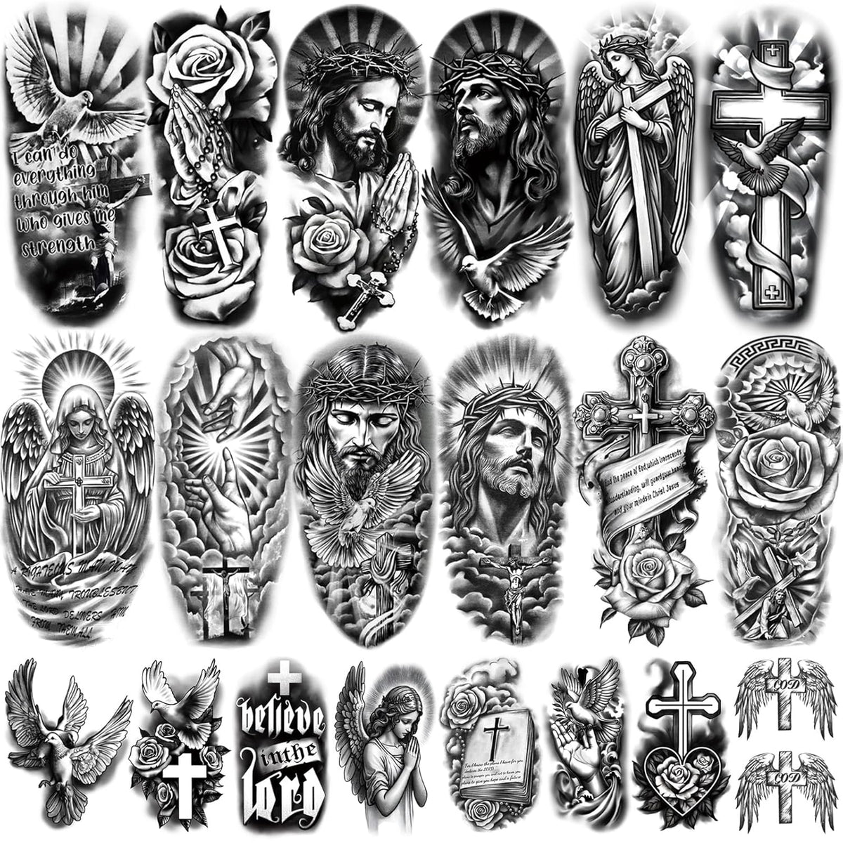77 Sheets Christian Temporary Tattoo Adult, Religious Jesus Christ Cross Angels God Half Arm Fake