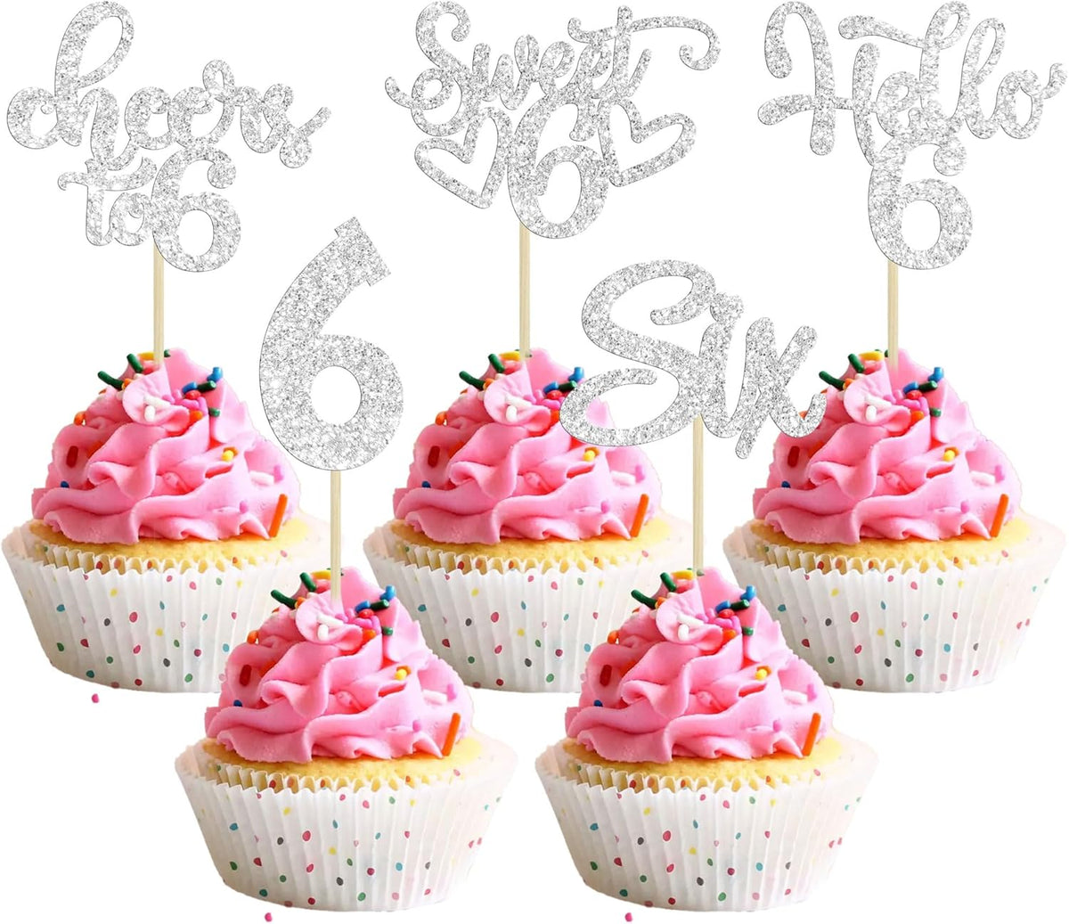 30Pcs 6th Birthday Cupcake Toppers Glitter Six Hello 6 Cupcake Picks Cheers to 6 Years Old Cake