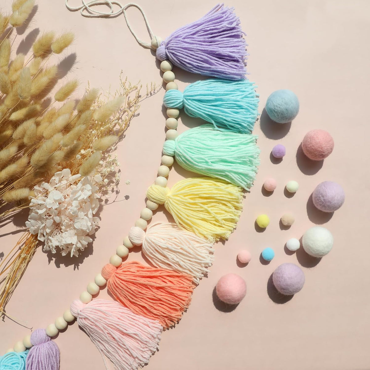 Pastel Rainbow Boho Tassel Garland Wall Hanging with Wood Beads for Baby Shower Birthday Party