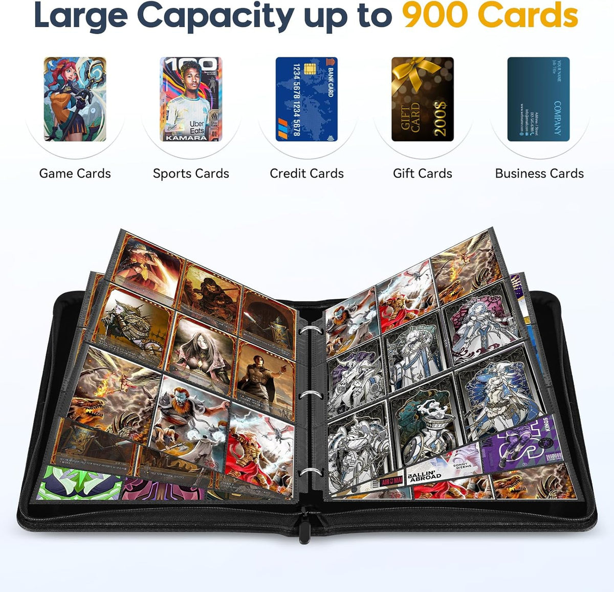 9 Pocket Card Binder, 900 Double Sided Pockets, PU Collection Binder for MTG, TCG, Sports Cards