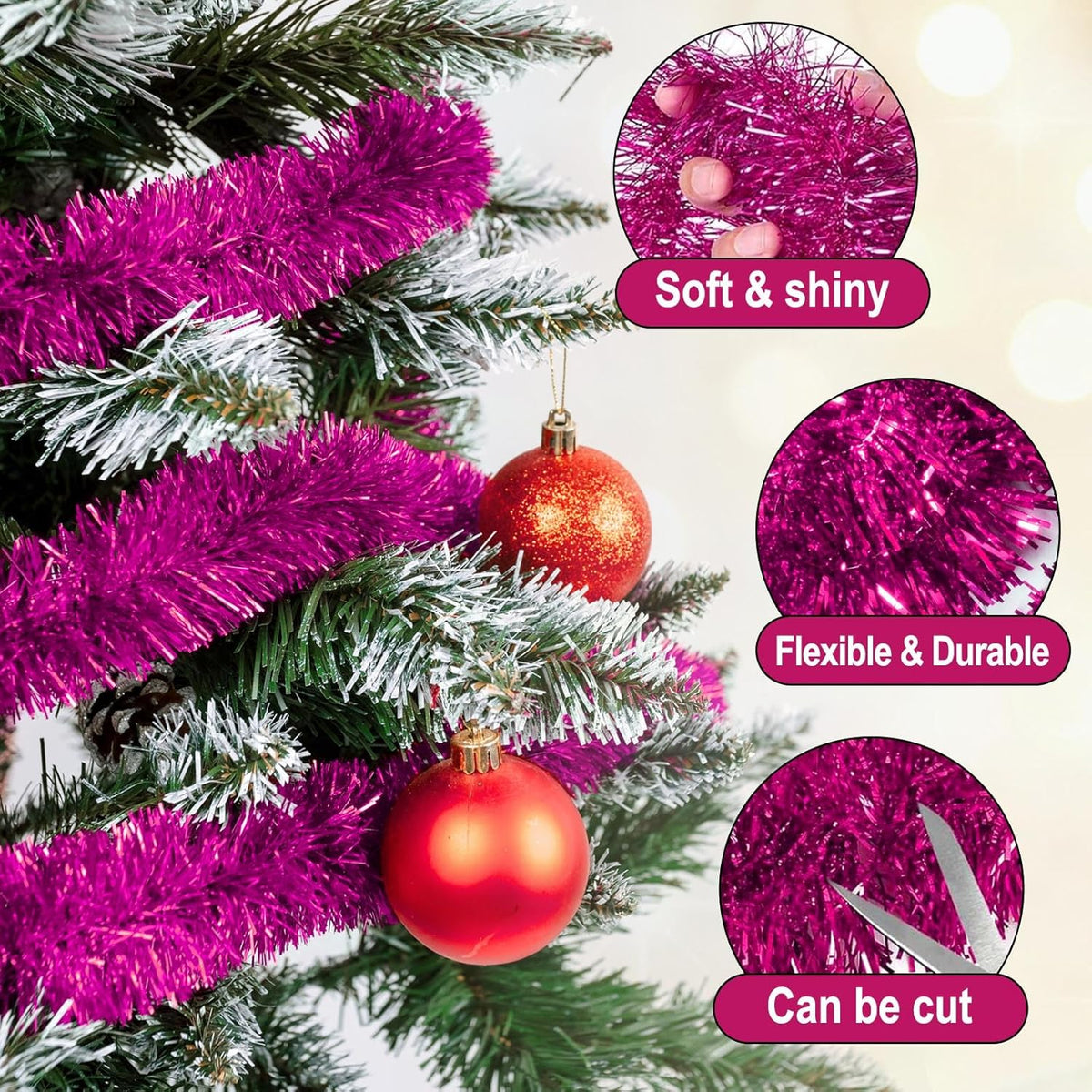 25 Feet Fuchsia Christmas Tinsel Garland, Metallic Foil Twist Garland Wall Hanging Tinsel Banner