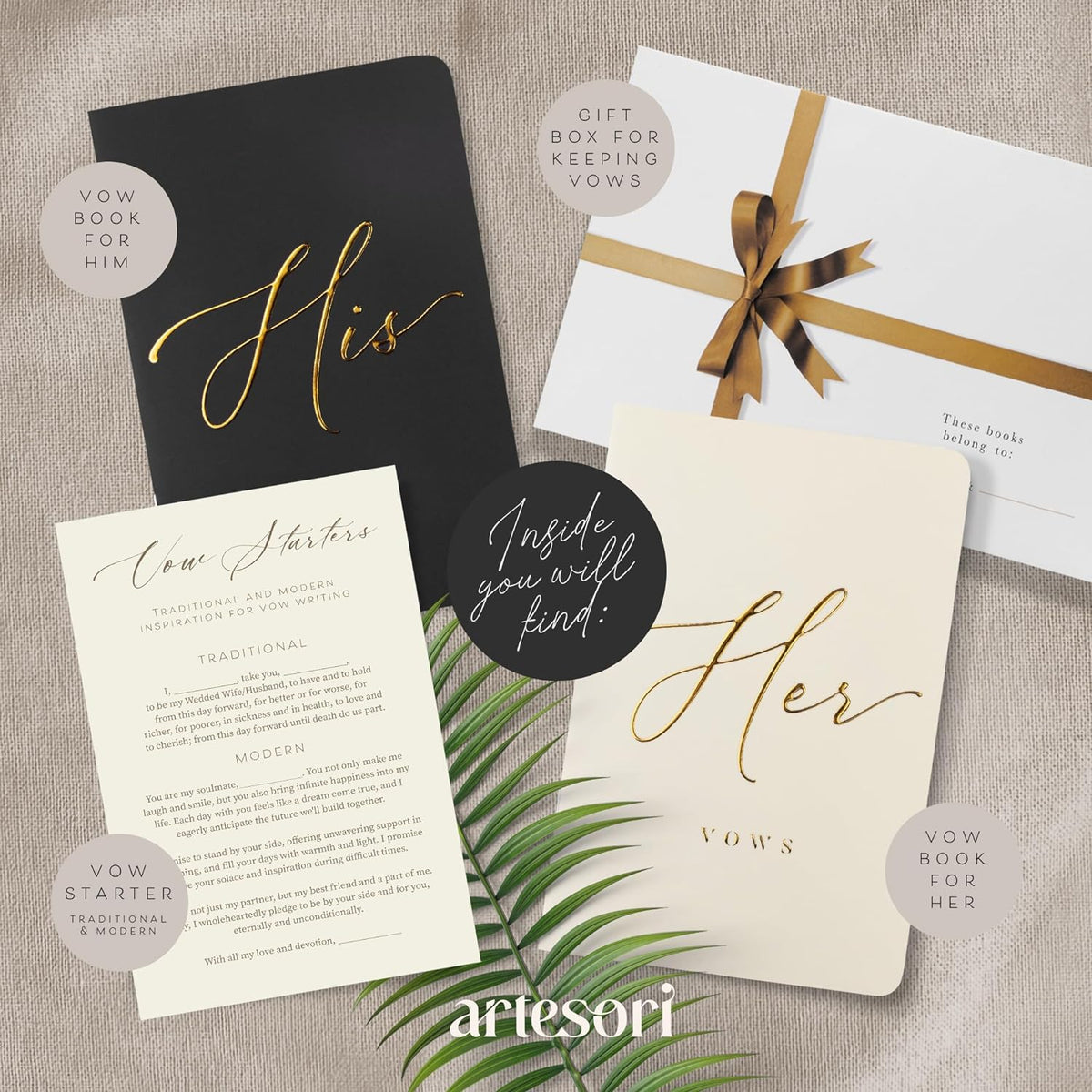 ARTESORI Premium Wedding Vow Book for Her & Him, Soft Touch, Gold Foil, 28 Lined Pages, Wedding Vow
