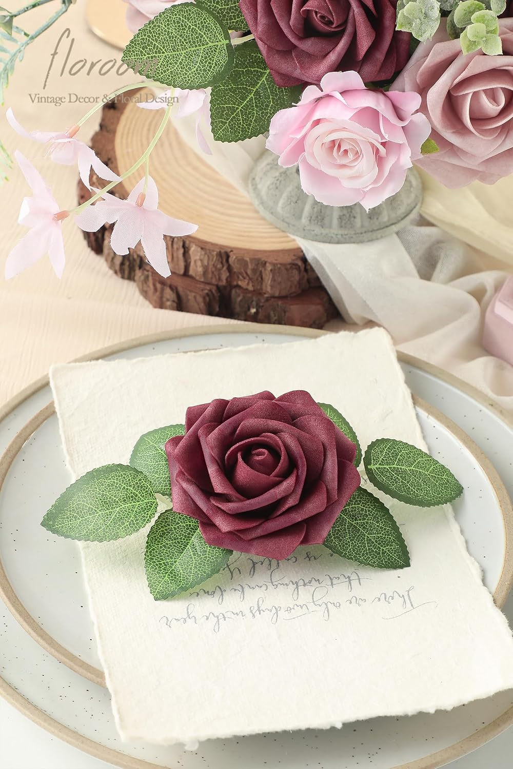 Floroom Artificial Flowers 25pcs Real Looking Cinnamon Rose & Shabby Pink Foam Fake Roses with