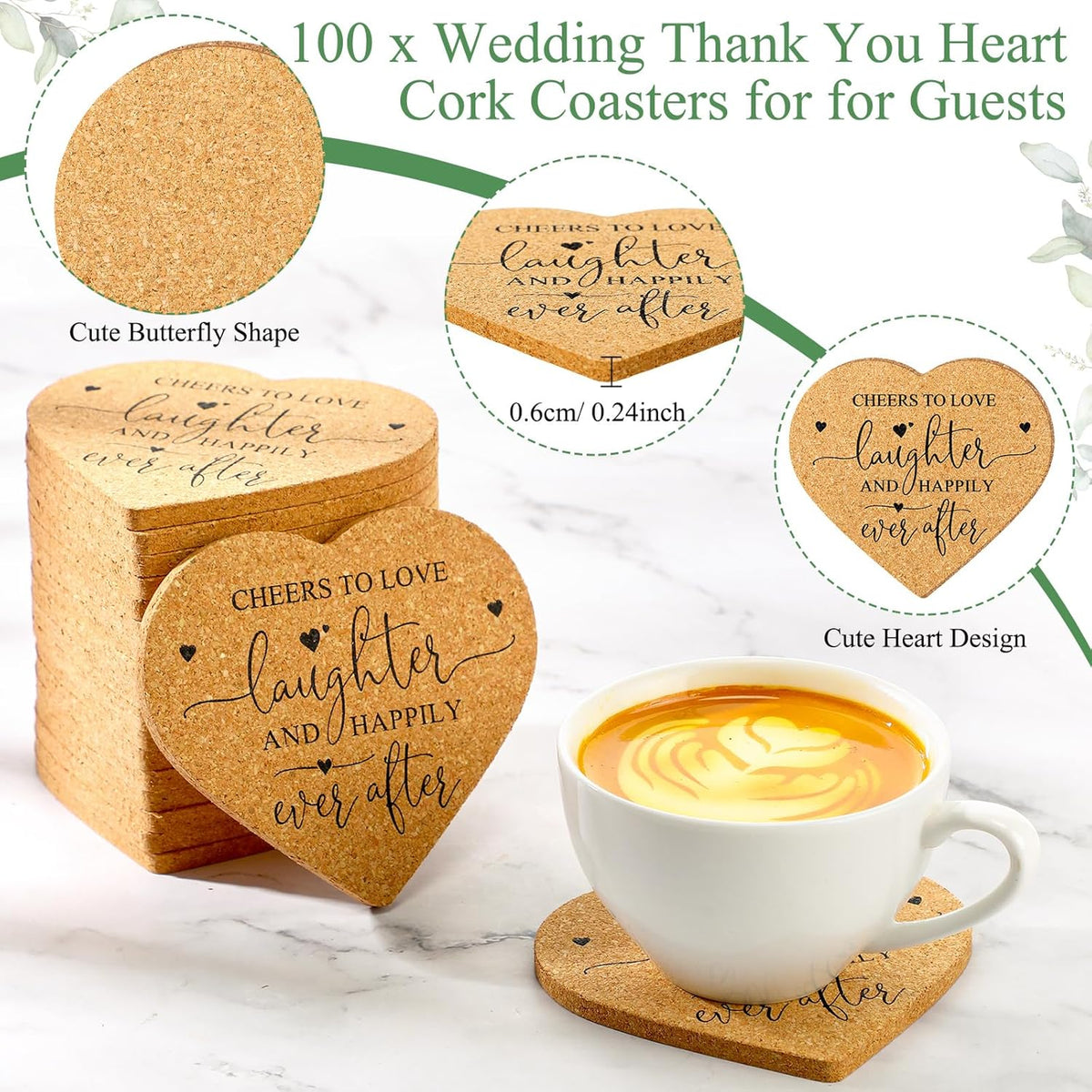 Uiifan 100 Set Wedding Favors for Guest Coaster Gifts Bulk Heart Shaped Coasters Thank You Cards