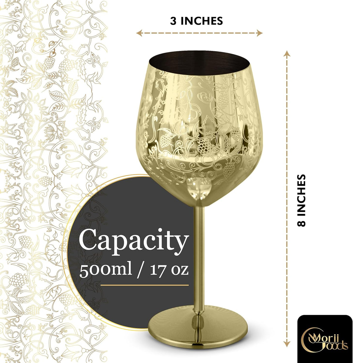 Stainless Steel Wine Glasses - Set of 2 Etched 16 oz Metal Goblets, Unbreakable Gold Cups for