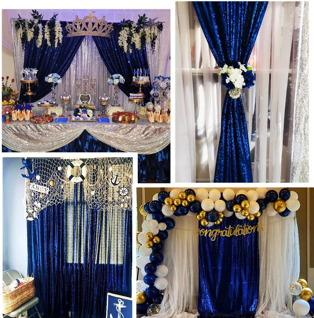 Poise3EHome 2ft x 8ft Blue Sequin Photography Backdrop Curtains 2 Panels for Party Decoration, Navy