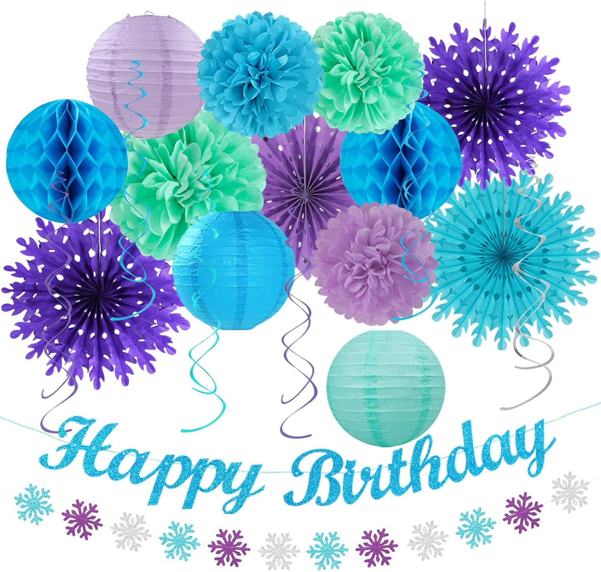 Winter-Wonderland Christmas-Snowflake Frozen Birthday Party-Decorations - 21pcs Happy Banner,Blue