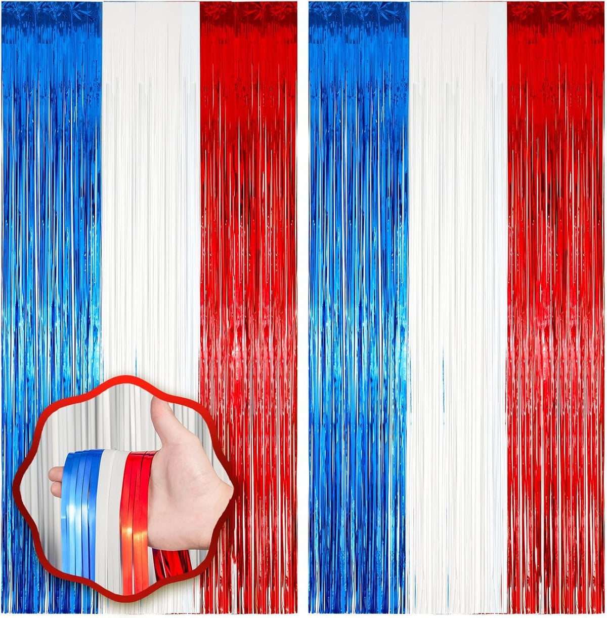 2 Pack Red White and Blue Foil Fringe Backdrop Curtains, Tinsel Streamers Party Decorations, Fringe