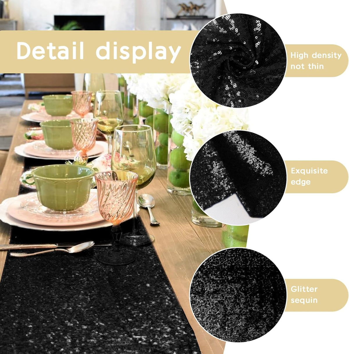 6 Packs 12 x 72 inches Sequin Table Runner, Black Glitter Table Runner for Birthday Party Supplies