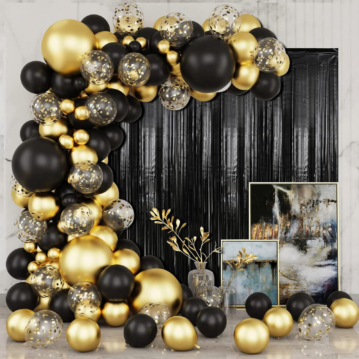 Crosize 2 Pack 3.3 x 9.9 ft Black Foil Fringe Backdrop Curtain, Streamer Backdrop Curtains