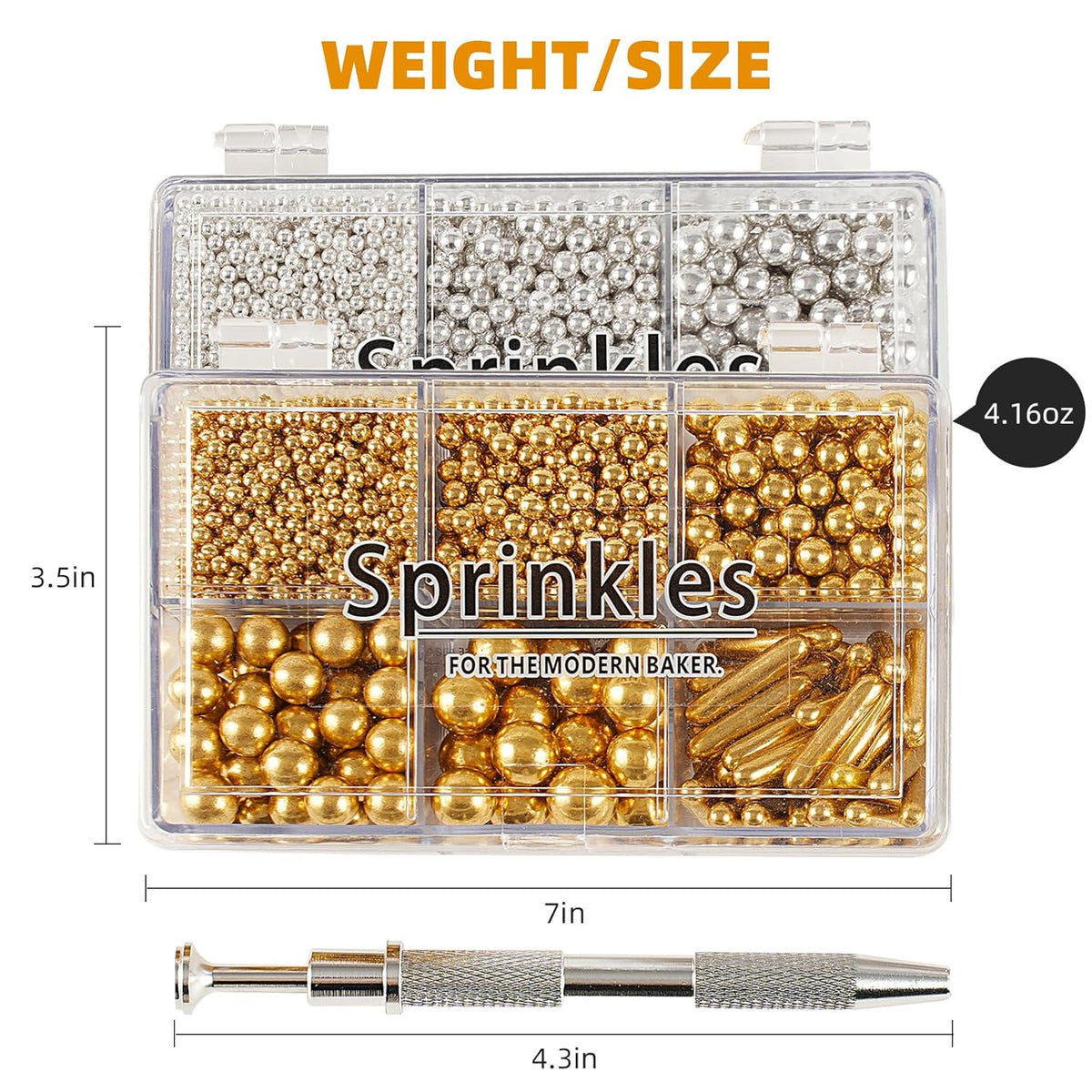 Kasvan Gold and Silver Sugar Sprinkles - Edible Candy Pearls with 4-Claw Sprinkle Pen,8.32Oz, Gift