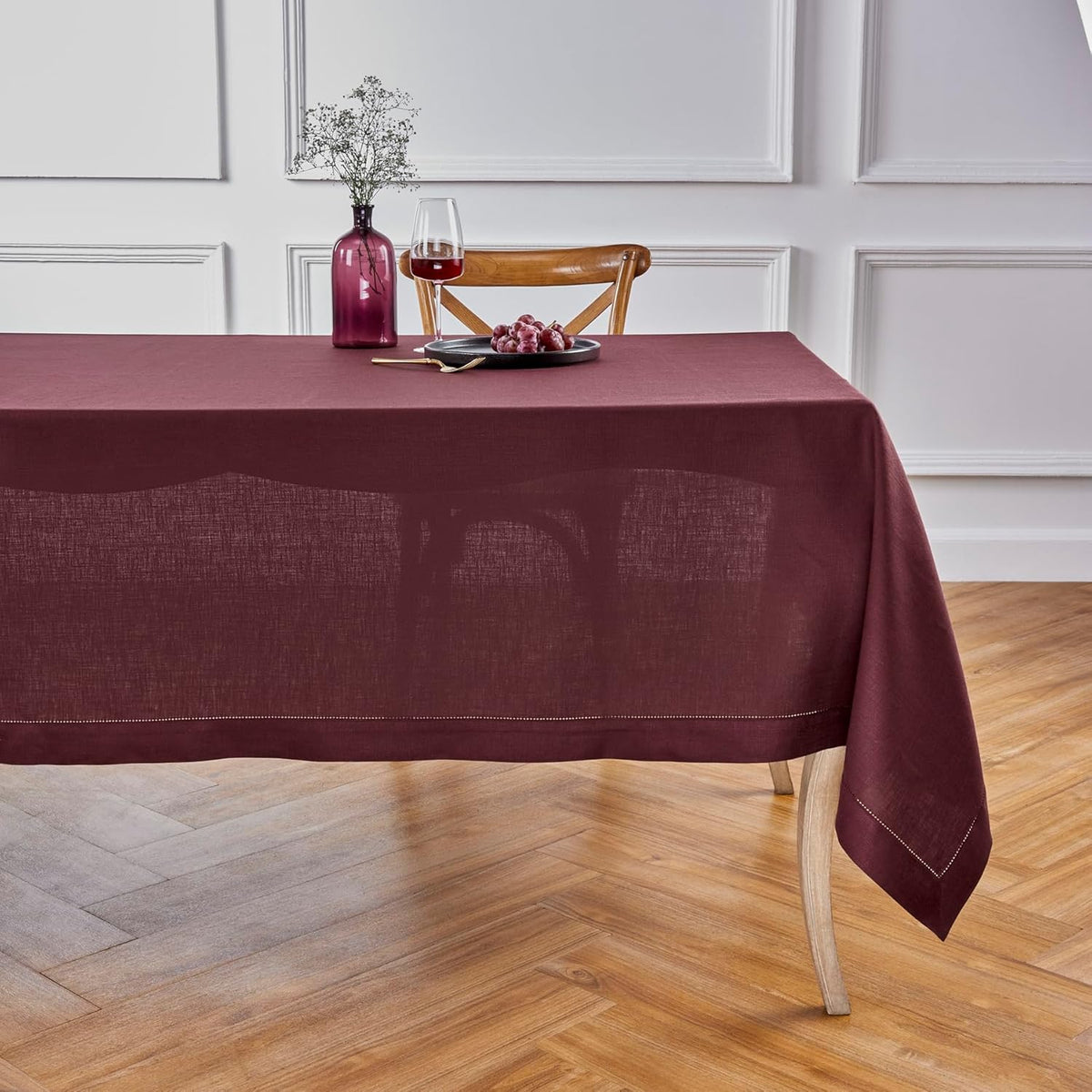 Solino Home Linen Burgundy Tablecloth 60 x 90 Inch - Classic Hemstitch, 100% Pure Linen Rectangular