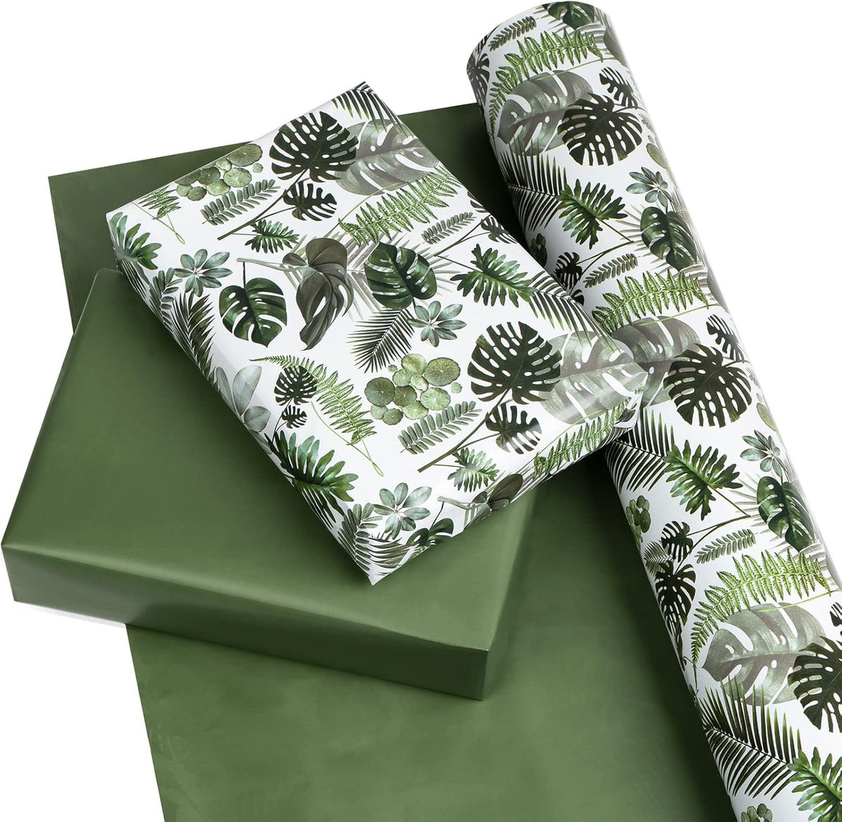 WRAPAHOLIC Reversible Tropical Wrapping Paper - Mini Roll - 17 Inch X 33 Feet - Green Monstera Leaf