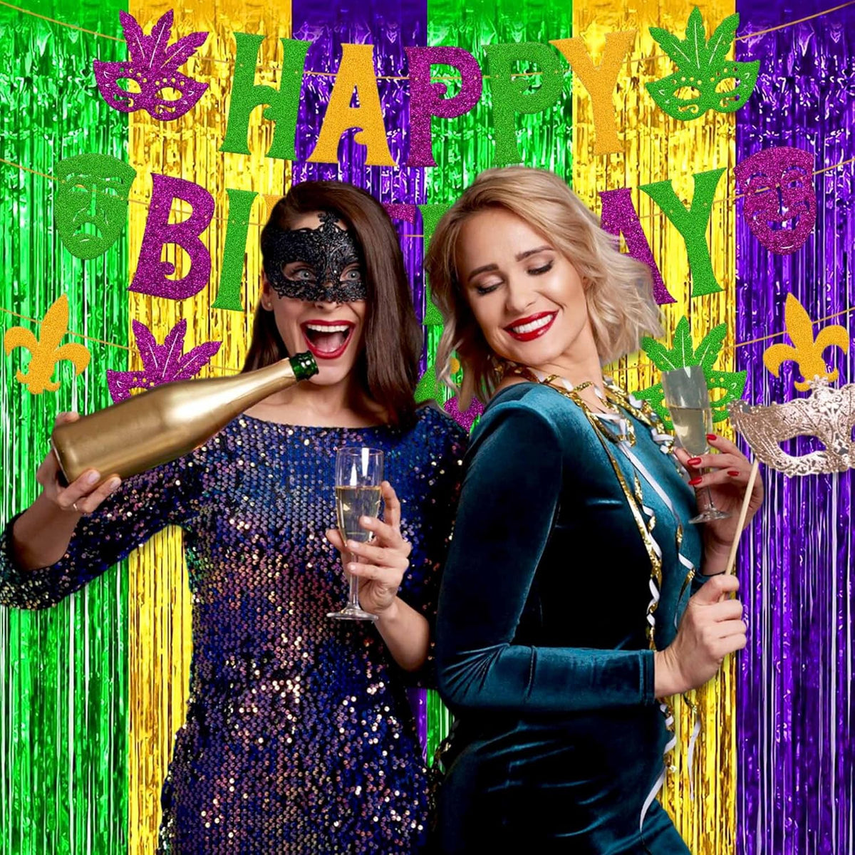 3 Pack Gold Green Purple Foil Fringe Curtains Backdrop, 3.28 x 9.8 Ft Metallic Streamers Tinsel