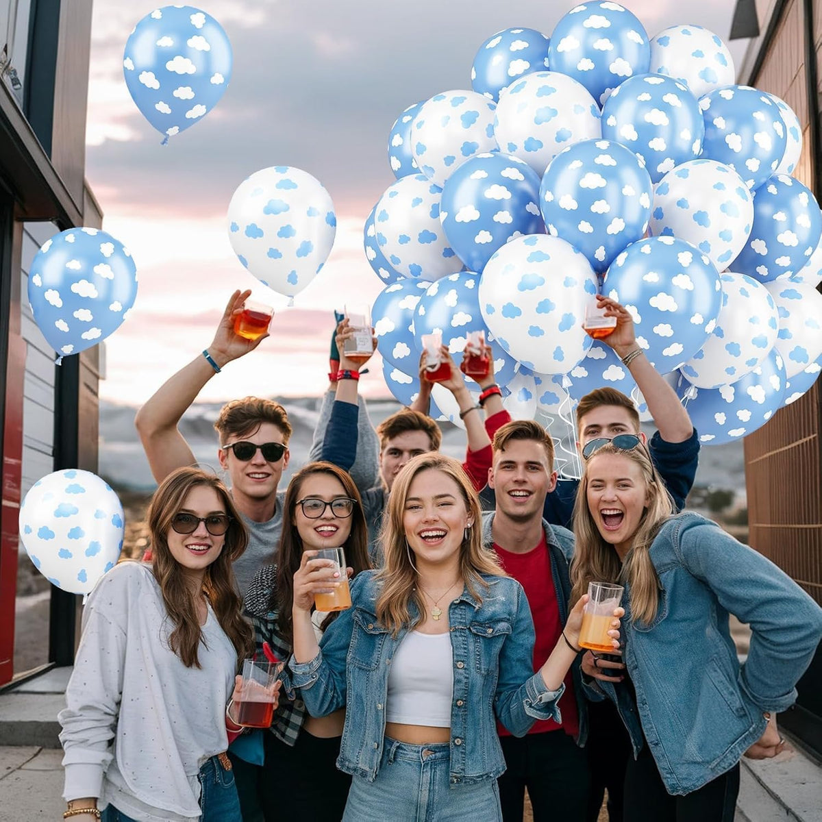 Cloud Balloons, 52 PCS 12 Inch Blue White Balloons With Clouds Print for Birthday, Baby Shower