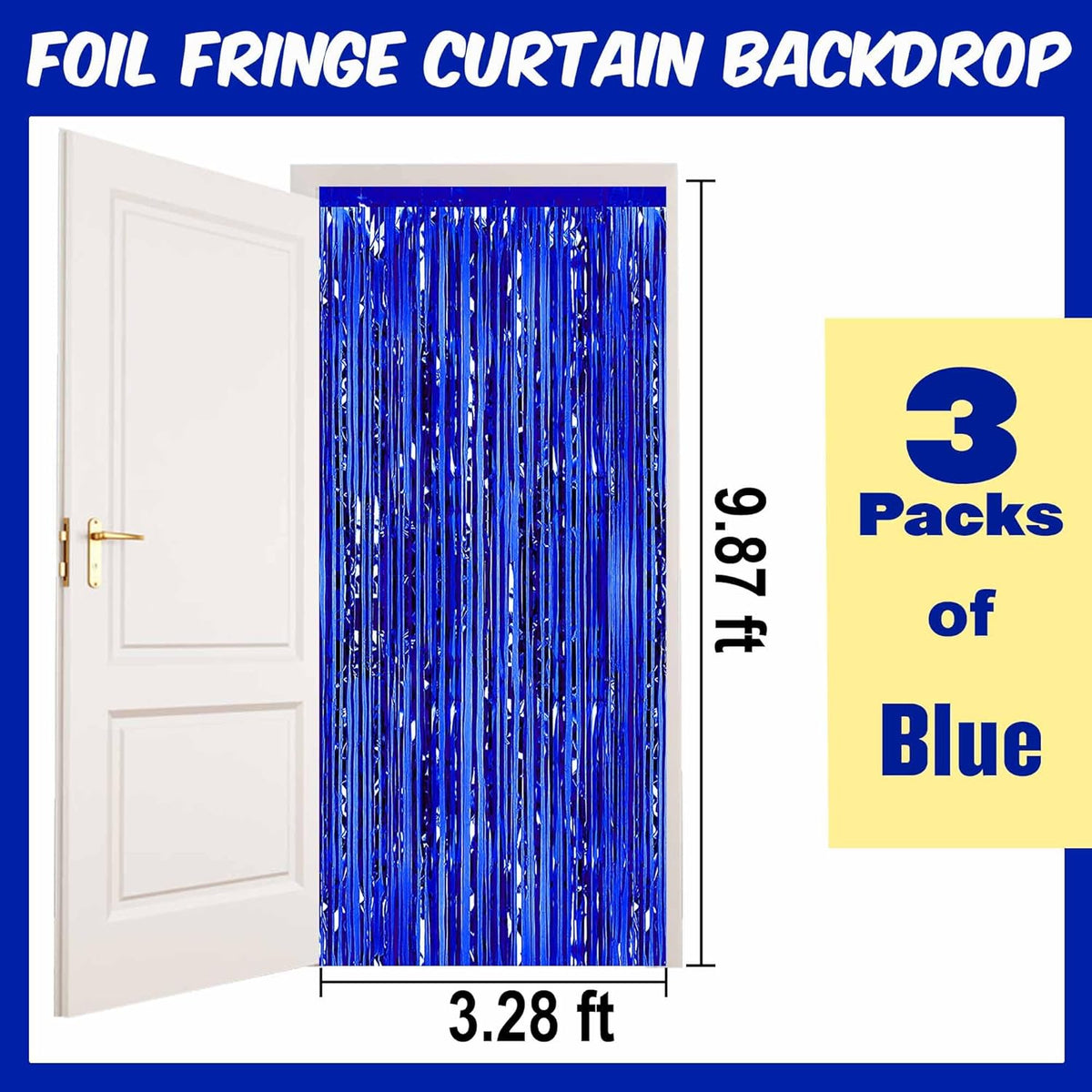 3 Pack Blue Foil Fringe Curtains Backdrop, 3.28 x 9.8 Ft Metallic Streamers Tinsel Curtains