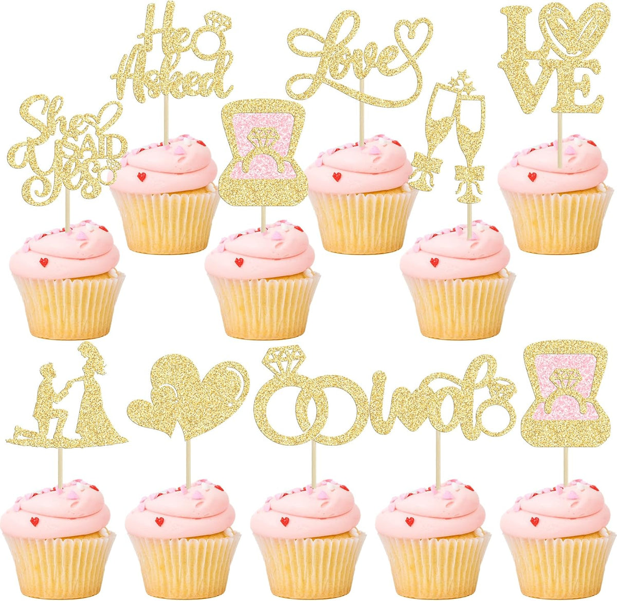 Ephlyn 30Pcs He Asked She Said Yes Cupcake Toppers Glitter Engagement Cupcake Toppers Diamond Ring