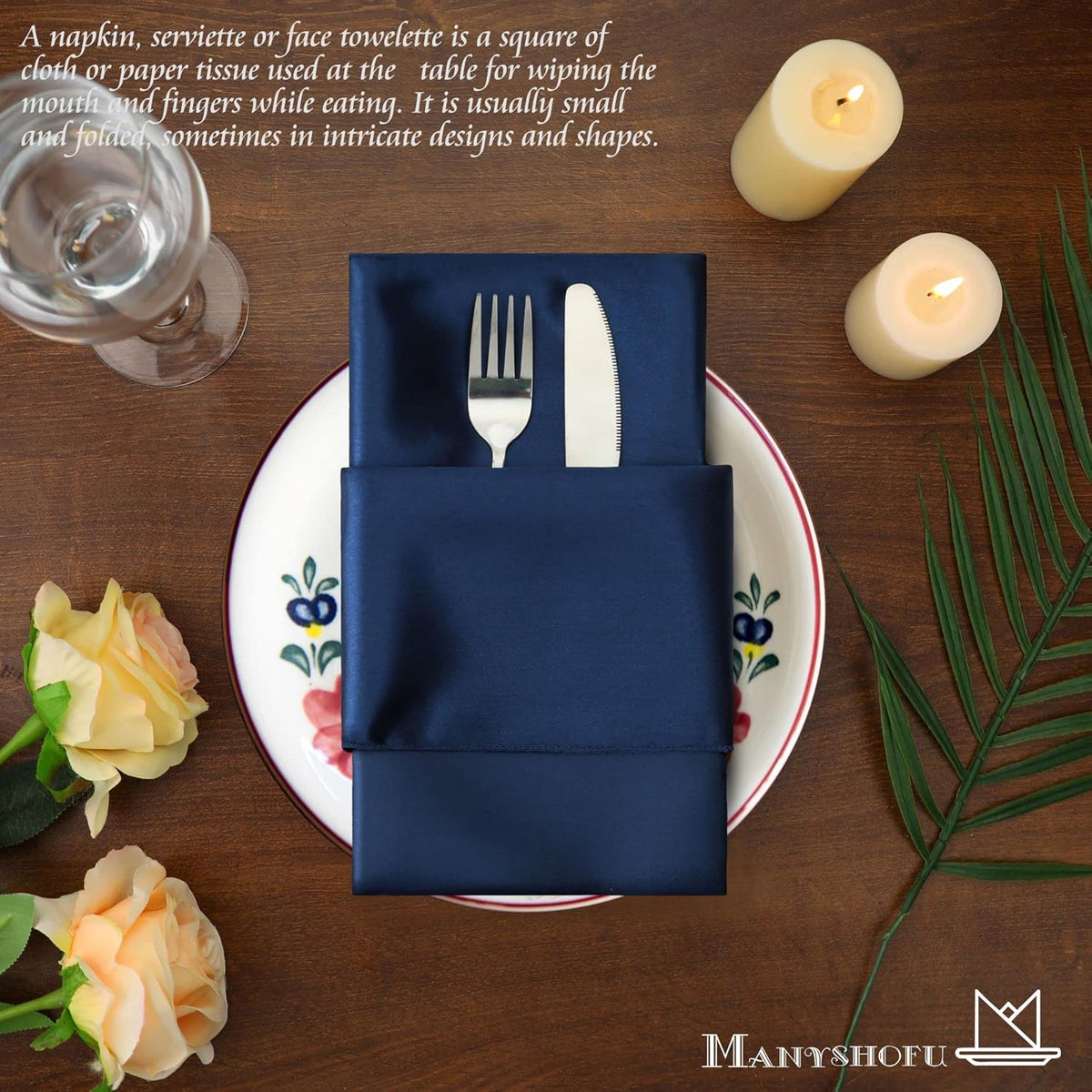 Manyshofu 50 Pieces Navy Blue Satin Napkins - 12x12 Inches Cloth Napkins, Square Satin Fabric