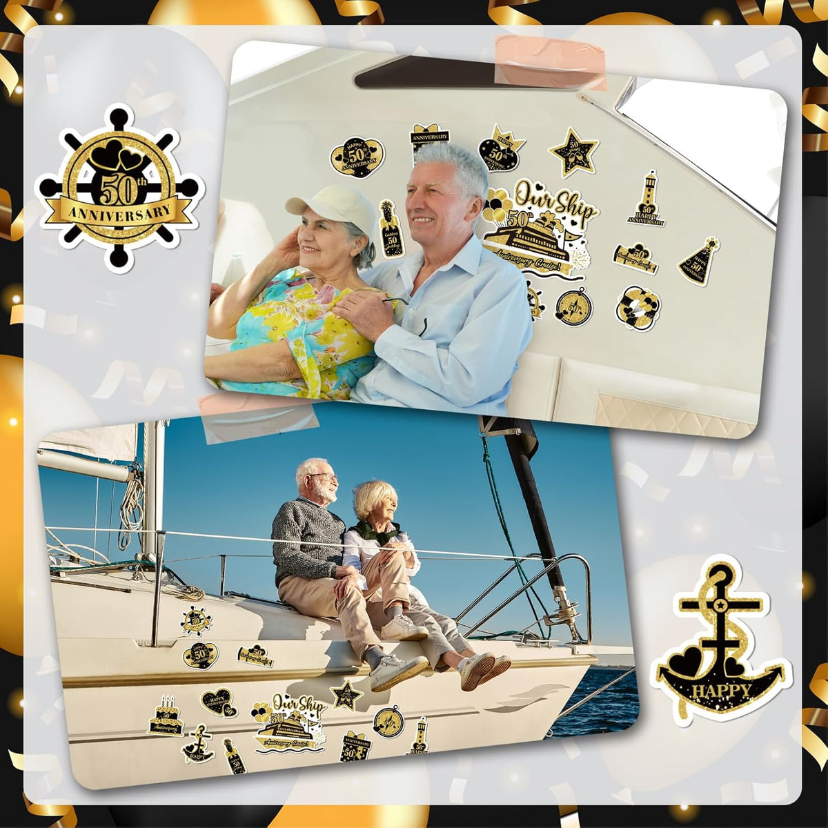 50th Anniversary Cruise Door Magnets Decorations, Gold Black Happy 50th Anniversary Cruise Ship