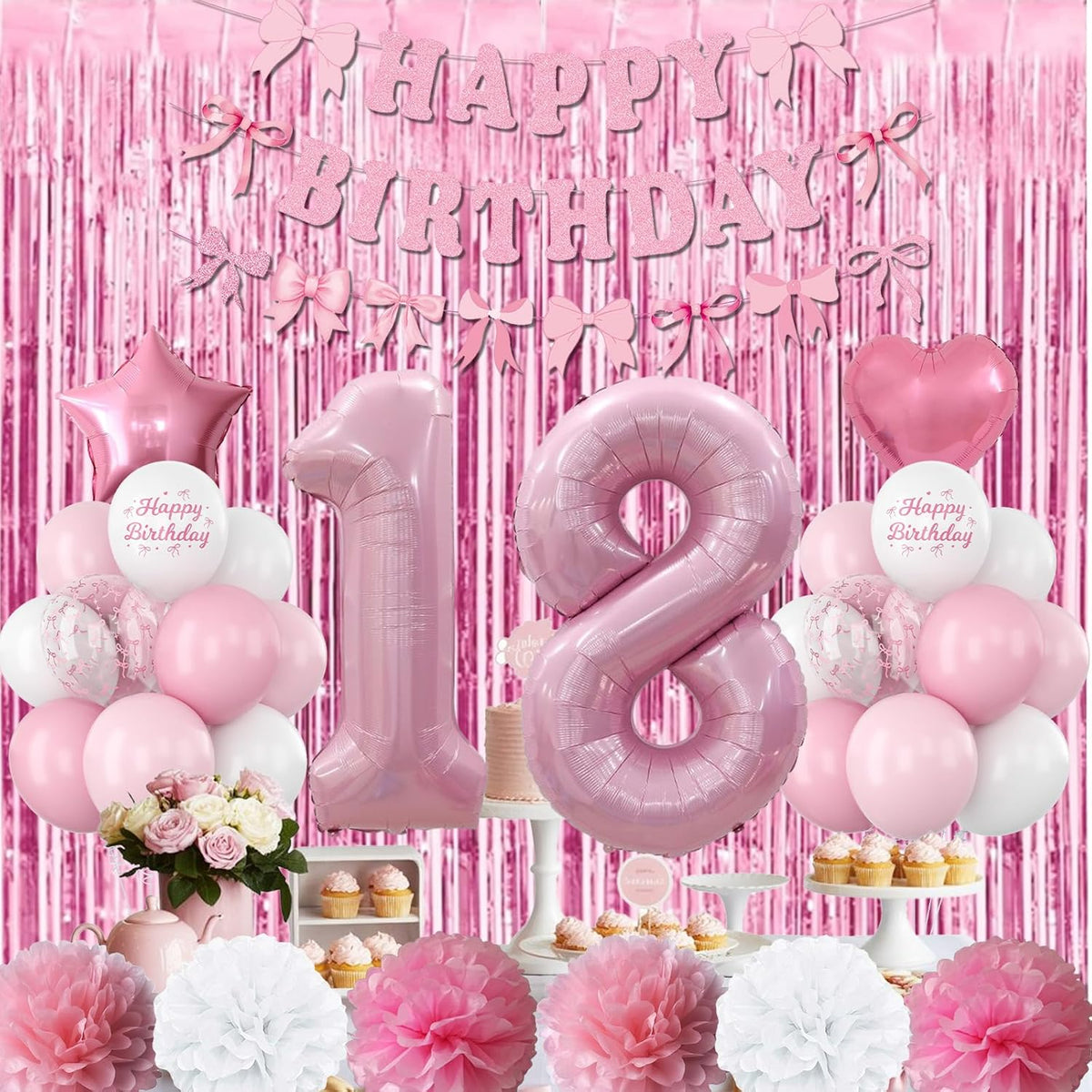18th Birthday Decorations for Girls Pink Number 18 Balloon Bow Coquette Happy Birthday Banner