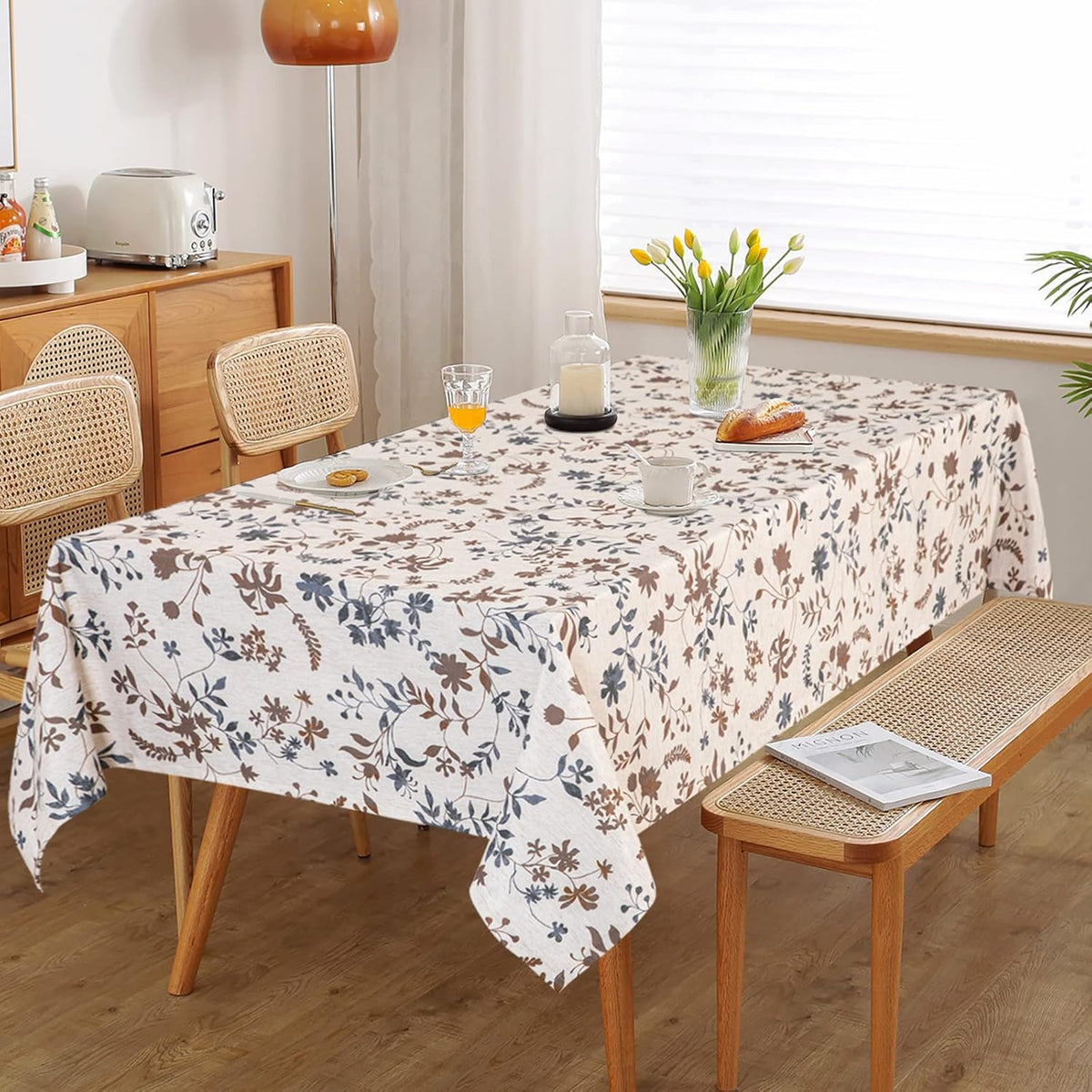 MYSKY HOME Rustic Tablecloth Classic Brown Leaves Printed Linen Fabric Table Cover Waterproof