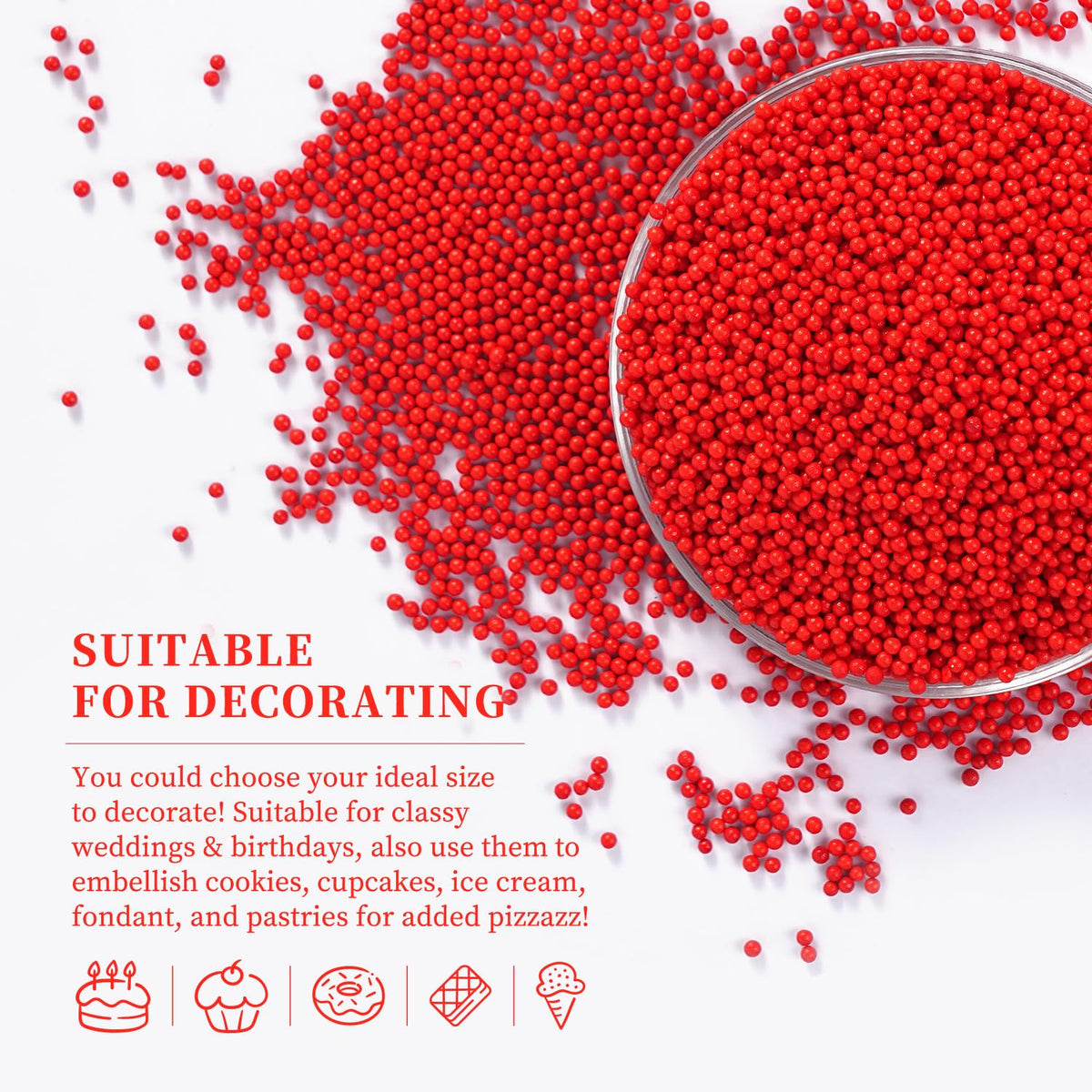 Edible Nonpareils Sprinkles, 2mm Red Pearls Sprinkles, Red Nonpareils Sprinkle for Birthday