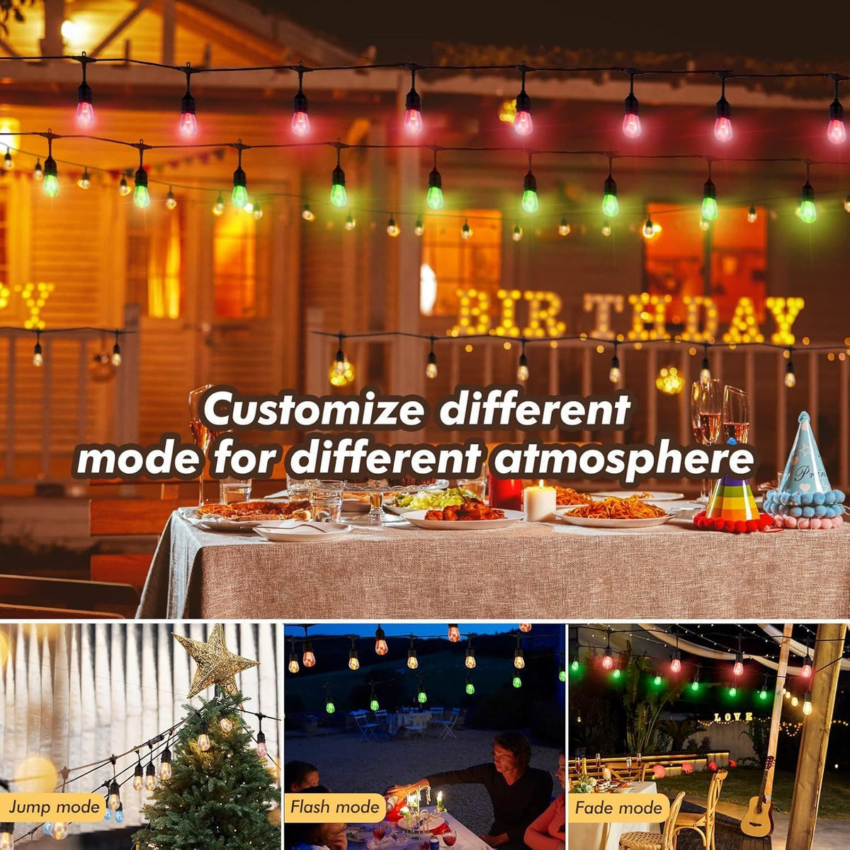 48FT Solar Outdoor String Lights, 15 Shatterproof Edison LED Bulbs, Dimmable RGB Color Changing
