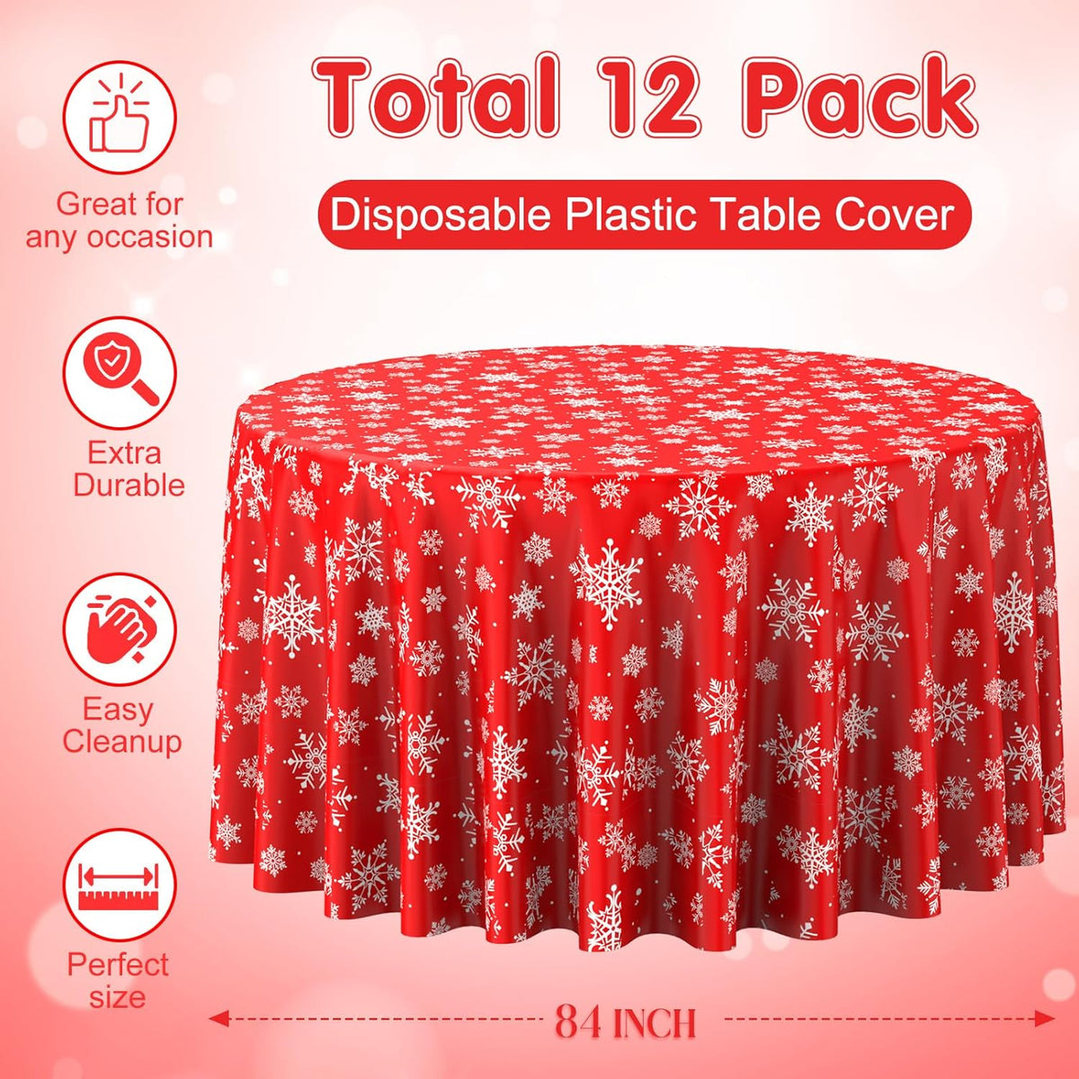 12 Pieces Christmas Snowflake Plastic Party Tablecloth Decorations, Disposable White Snowflake Red