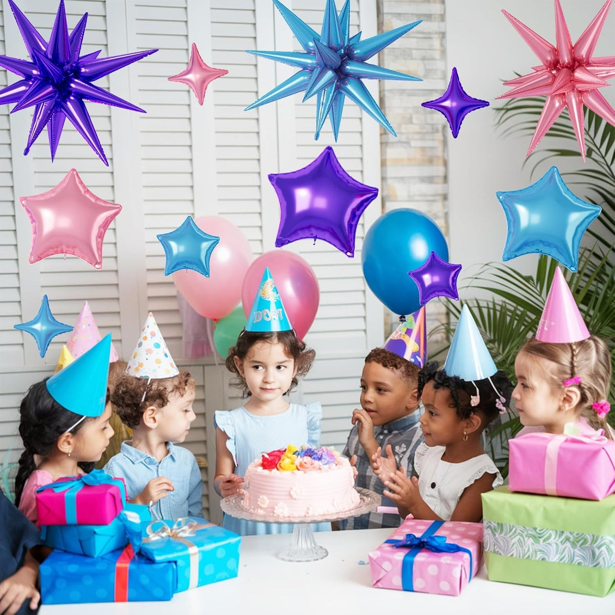 16 Pcs Pink Purple Blue Star Balloons, 22/18/10 Inch Foil Balloons, Four-Pointed Balloon for Girl