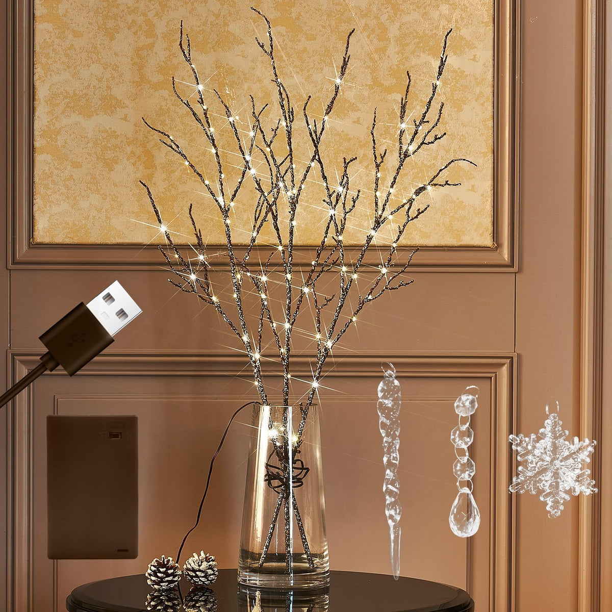 Fudios Lighted Willow Branches Christmas Glitter Battery Operated 32IN 120 LED Fairy Lights, Brown