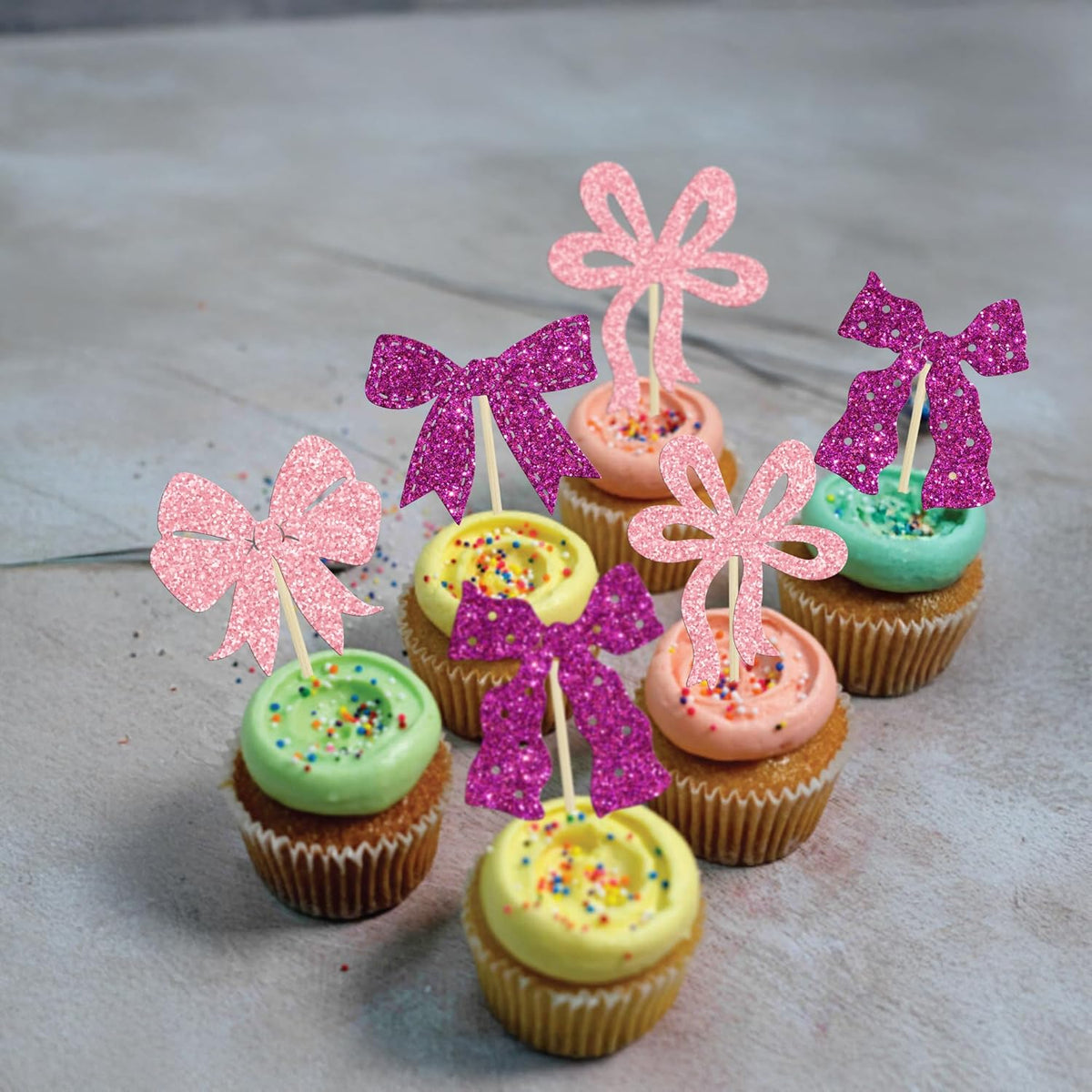 Ephlyn 24Pcs Pink Bow Cupcake Toppers Bow Birthday Cake Topper Girls Birthday Party Decorations