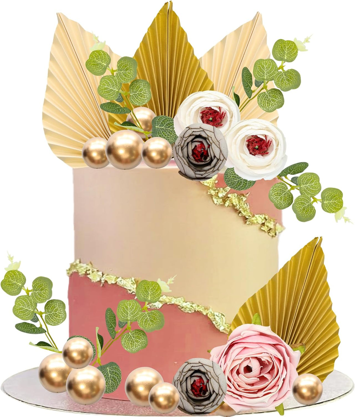 Gyufise 22Pcs Rose Artificial Flower Leaves Cake Topper Decorations Gold Balloon Cake Toppers Leaf