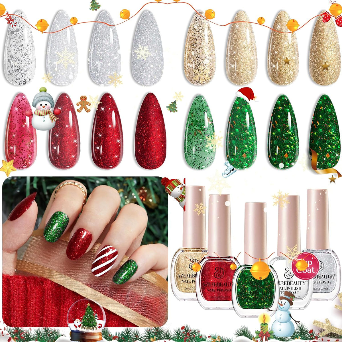 AZUREBEAUTY Nail Polish Set, 4 Colors Christmas Glitter Red Green Gold Silver Quick Dry Natural