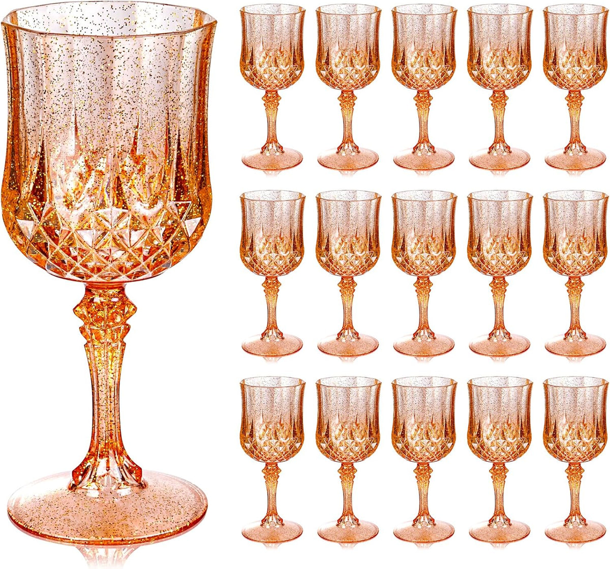 Ciaell 24PCS Rose Gold with Glitter Plastic Wine Glasses - 7 Oz Vintage Drinking Glasses with Rose