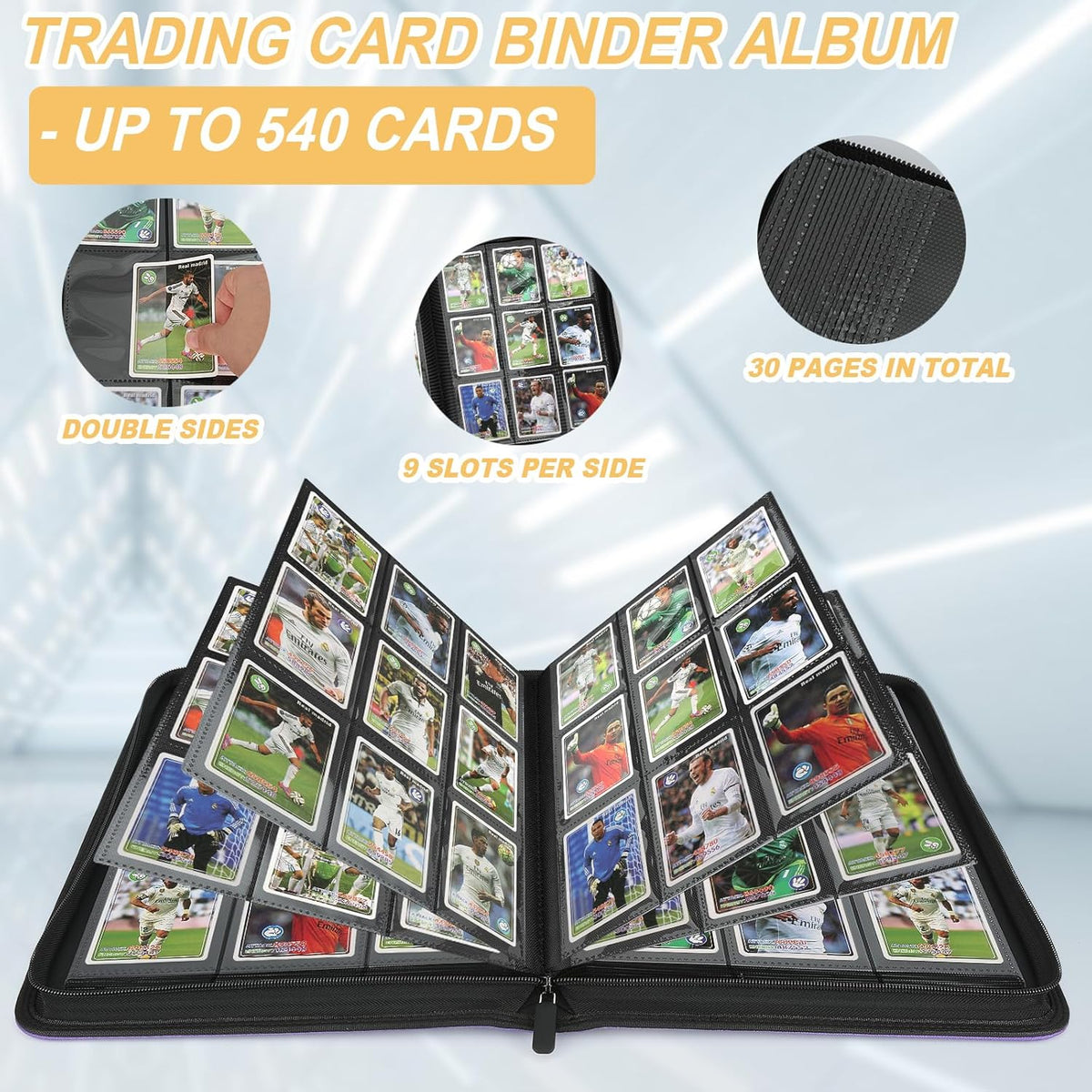 9 Pocket Card Binder, Premium Zip Trading Card Binder, 540 Double Sided Pocket PU Collection