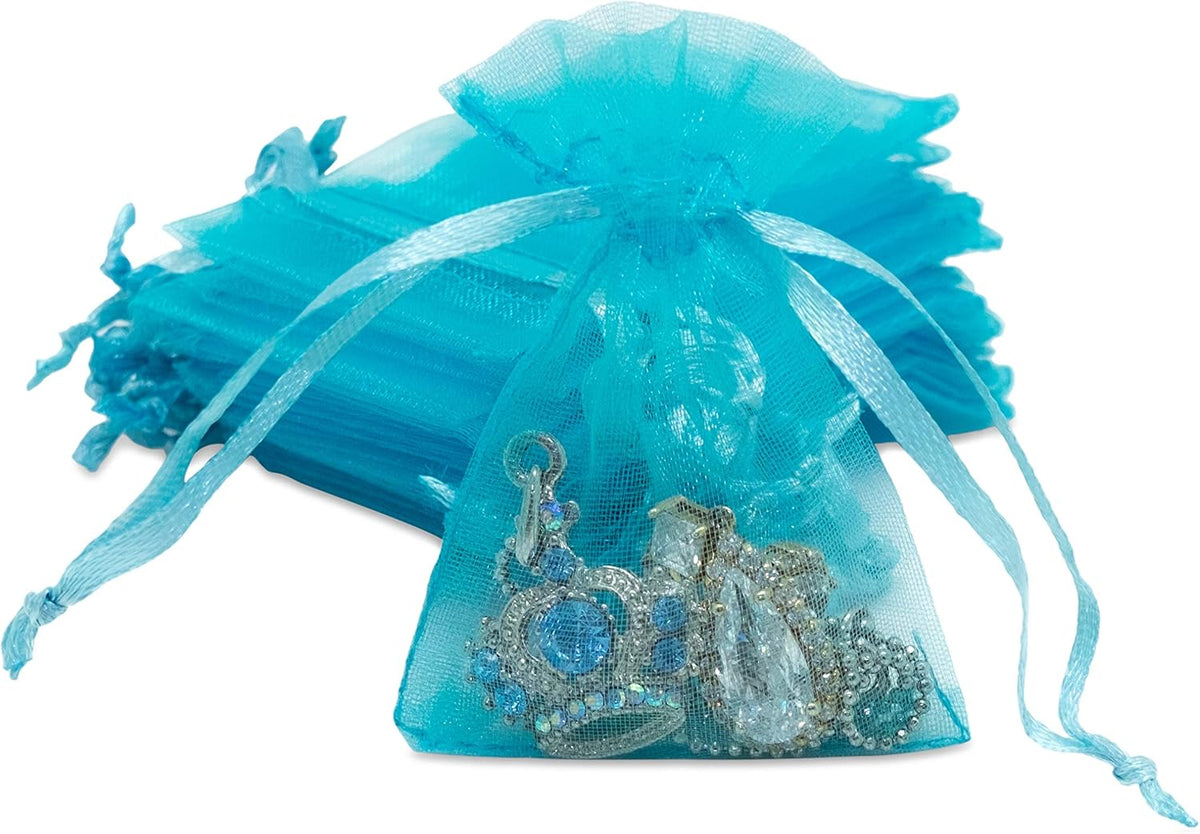 TheDisplayGuys 100-Pack XS 2" x 2 3/4" Turquoise Blue Sheer Organza Gift Bags with Drawstring