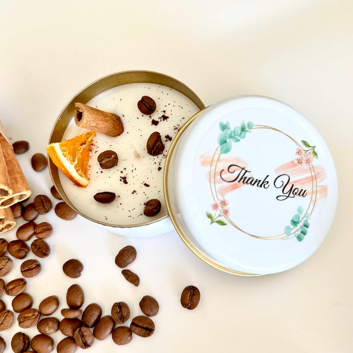 Coffee Scented Soy Wax Candle Favors with Hand-Placed Orange and Cinnamon Stick - Handmade Gift Set