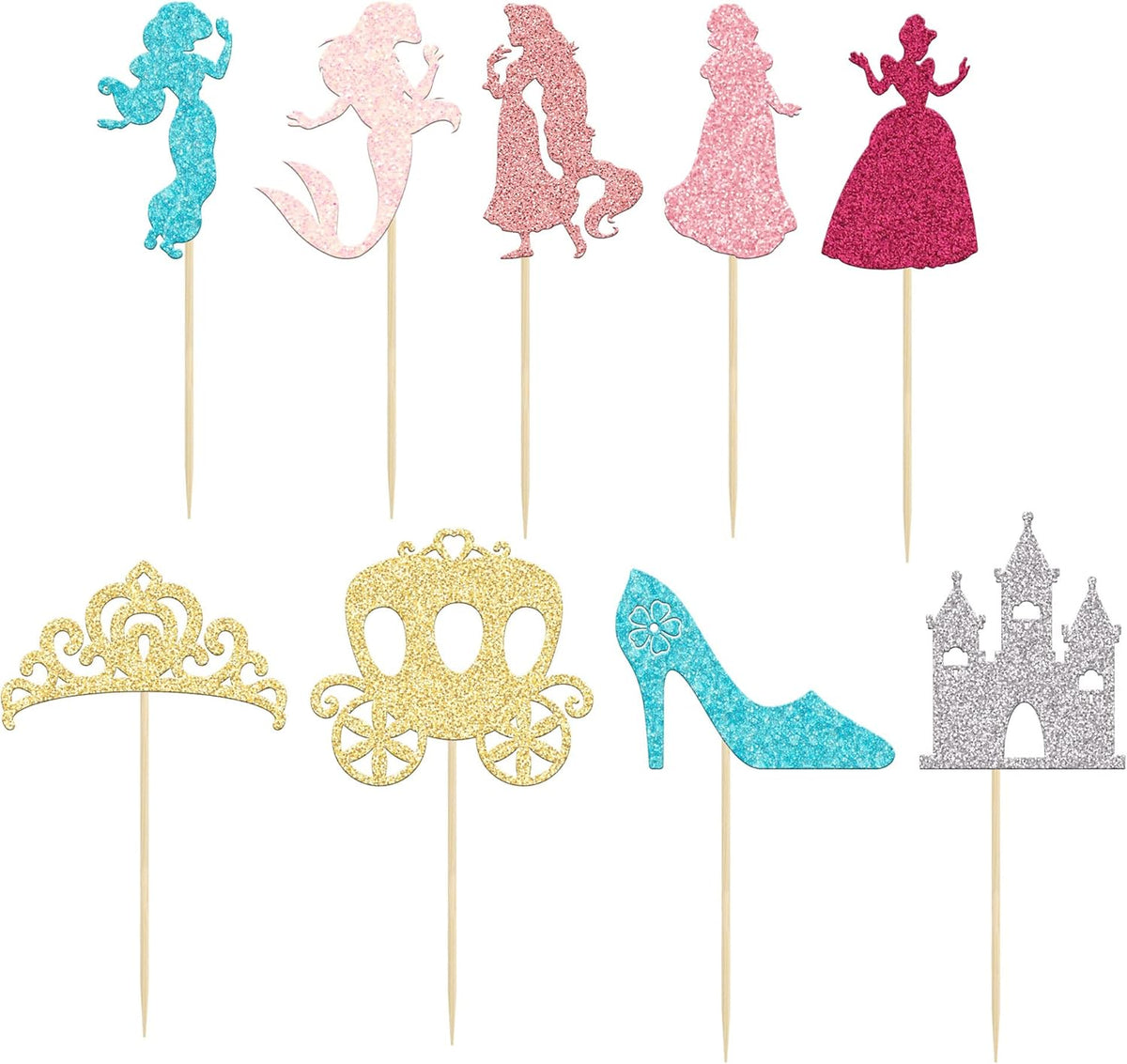 Gyufise 36Pcs Princess Cupcake Toppers Colorful Glitter Mermaid Girl Castle Carriage High Heel