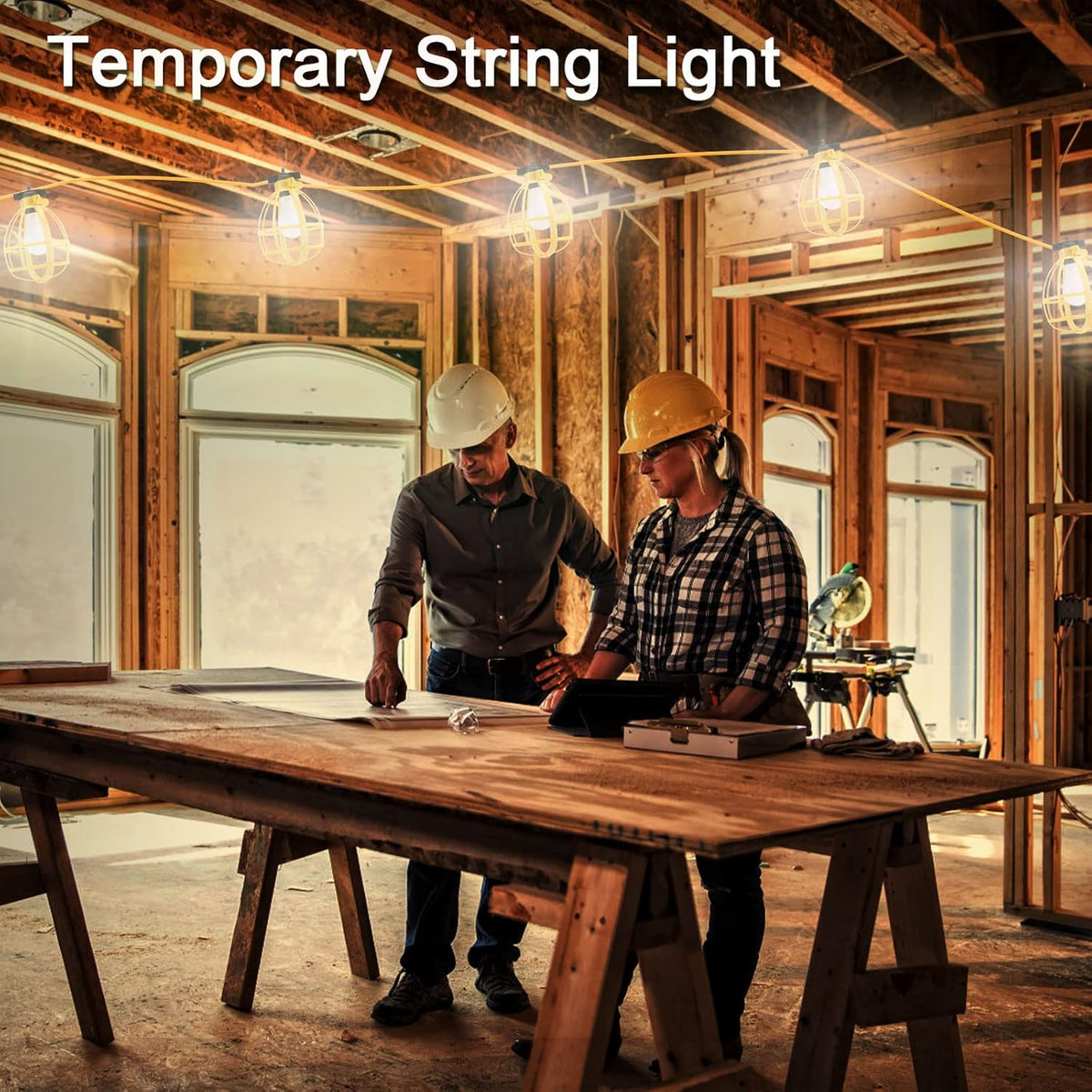 100FT Construction String Lights, 100W 11 Bulbs Work Lights with E26 Base, Construction Lights IP65