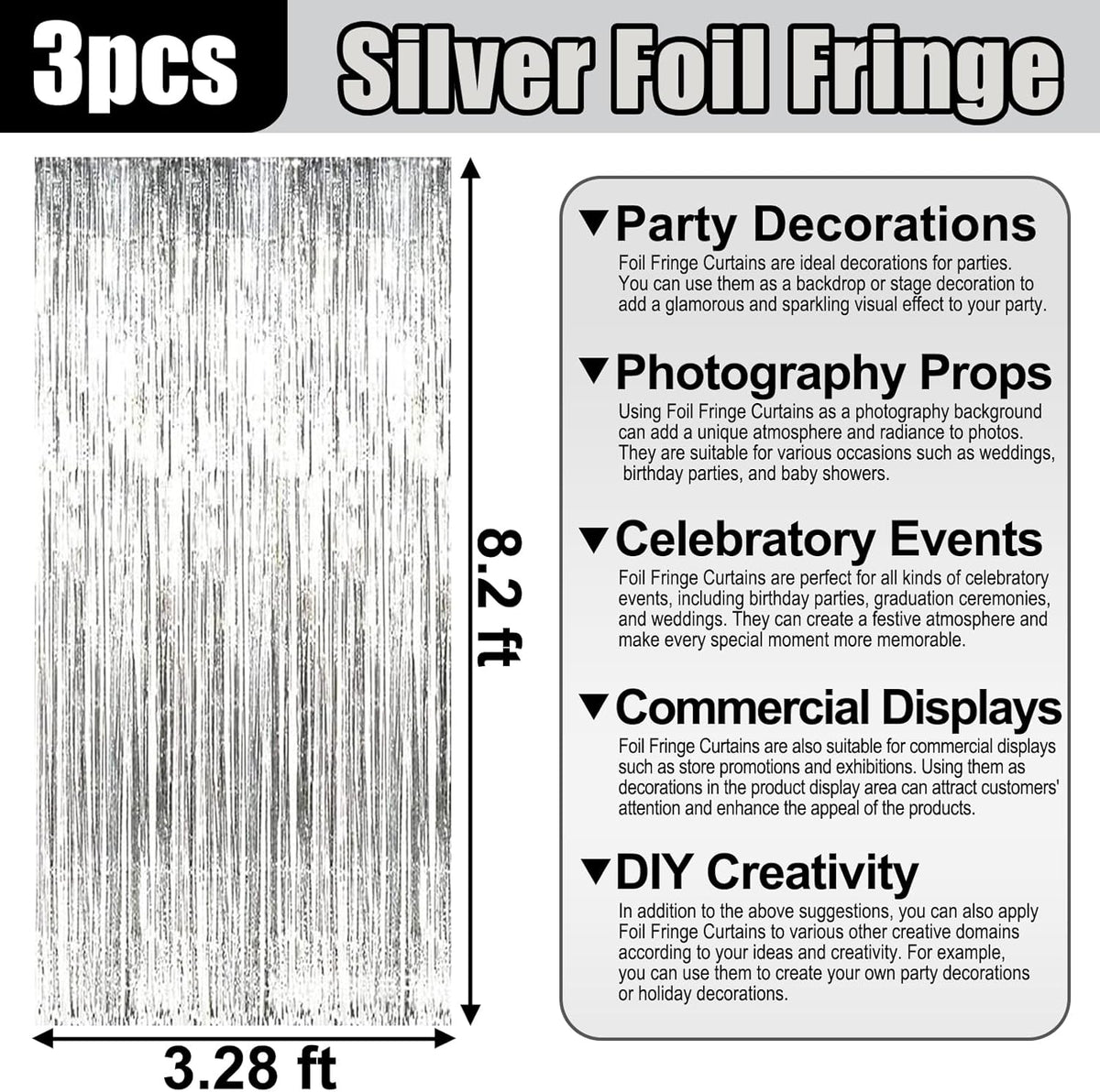 3 Pack Silver Foil Fringe Curtain Backdrop, 3.28Ft x 8.2Ft Metallic Tinsel Foil Fringe Streamer
